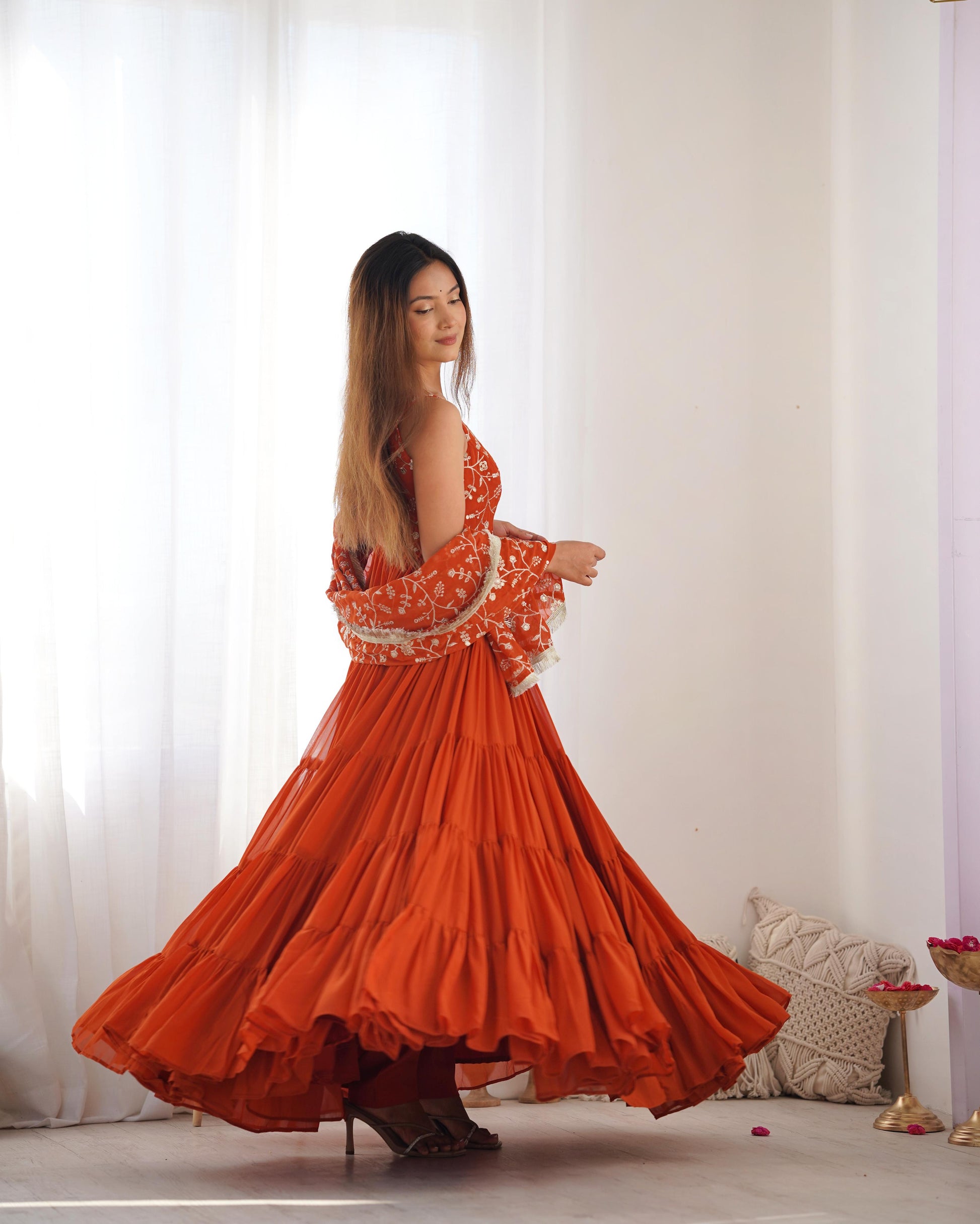 Regal Elegance in Every Twirl – Premium Rust Anarkali Set - INDIAN ELEGANCE