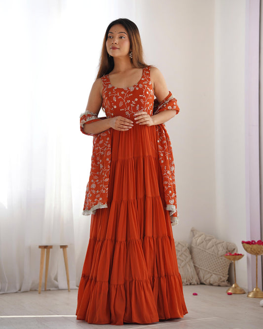 Regal Elegance in Every Twirl – Premium Rust Anarkali Set - INDIAN ELEGANCE