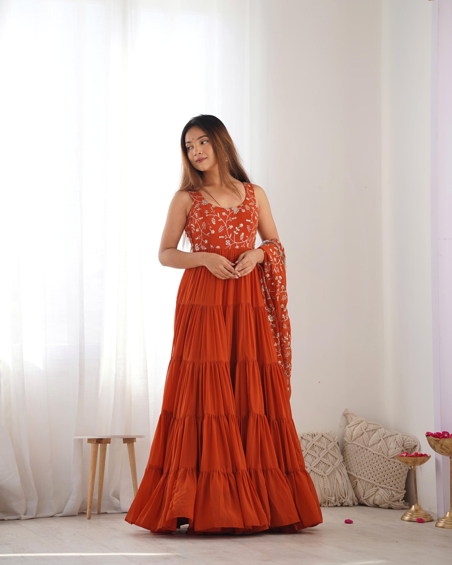 Regal Elegance in Every Twirl – Premium Rust Anarkali Set - INDIAN ELEGANCE
