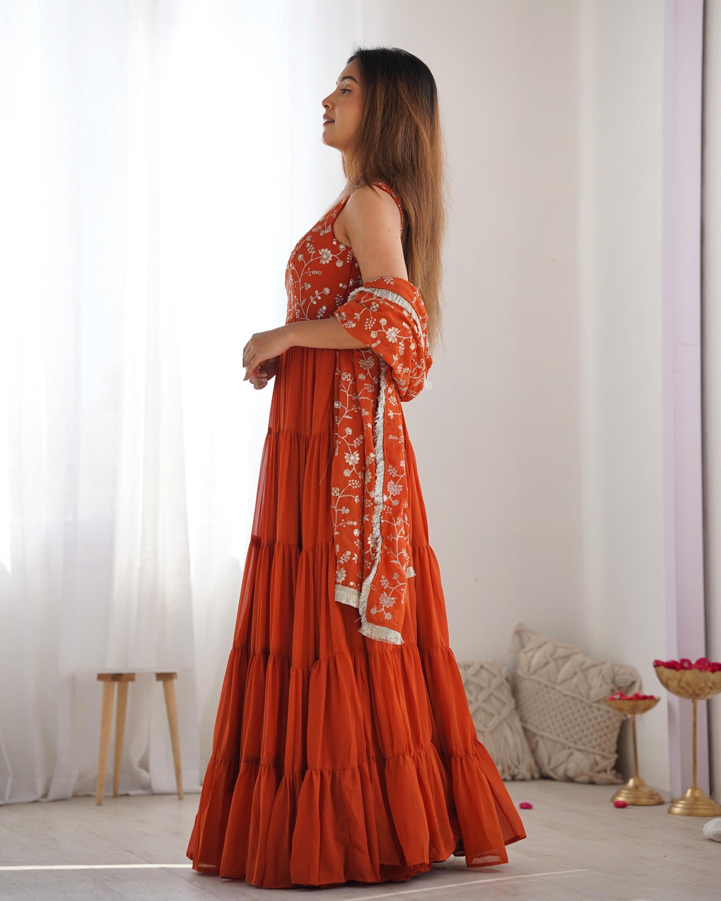 Regal Elegance in Every Twirl – Premium Rust Anarkali Set - INDIAN ELEGANCE