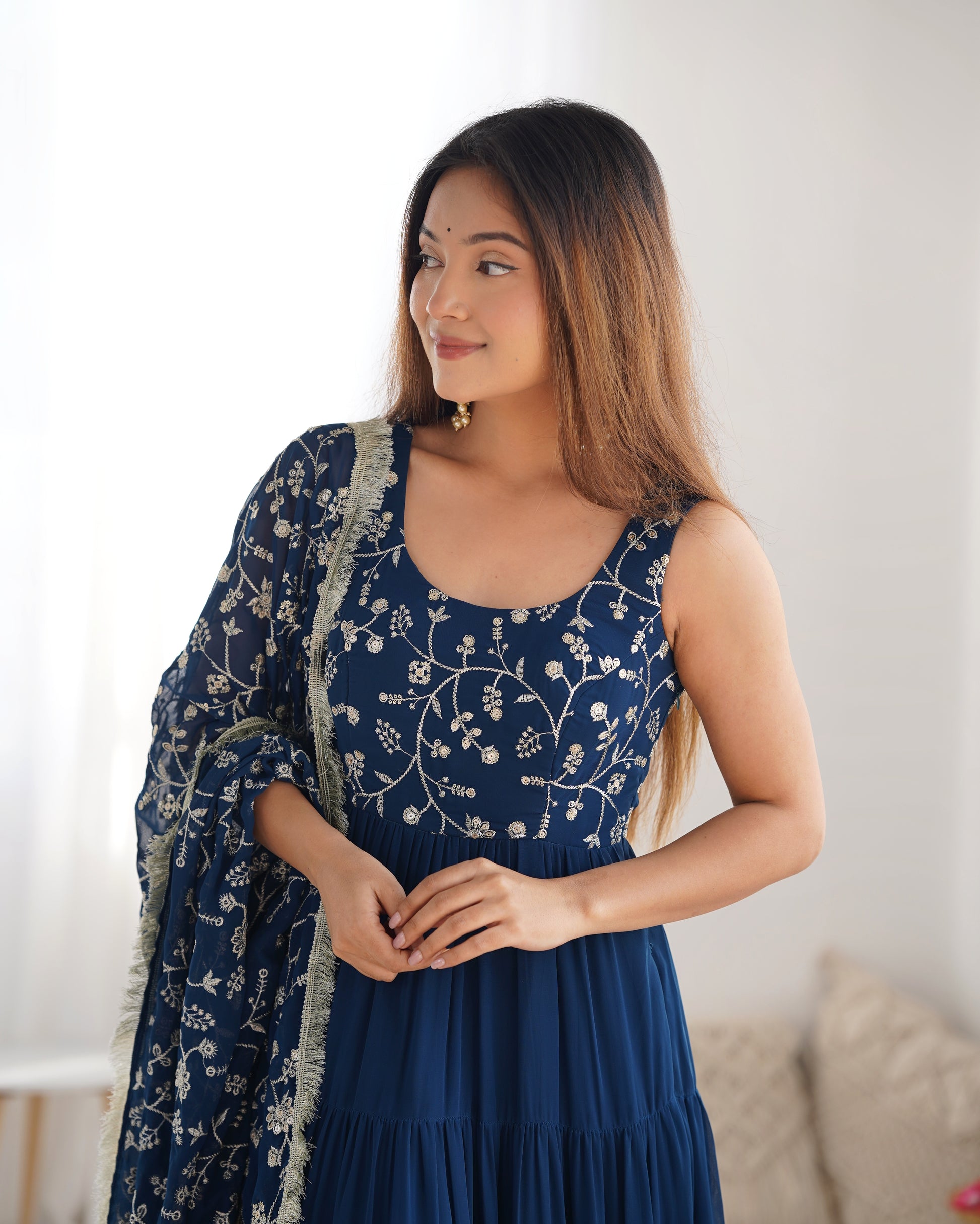 Regal Elegance in Every Twirl – Premium Teal Blue Anarkali Set - INDIAN ELEGANCE