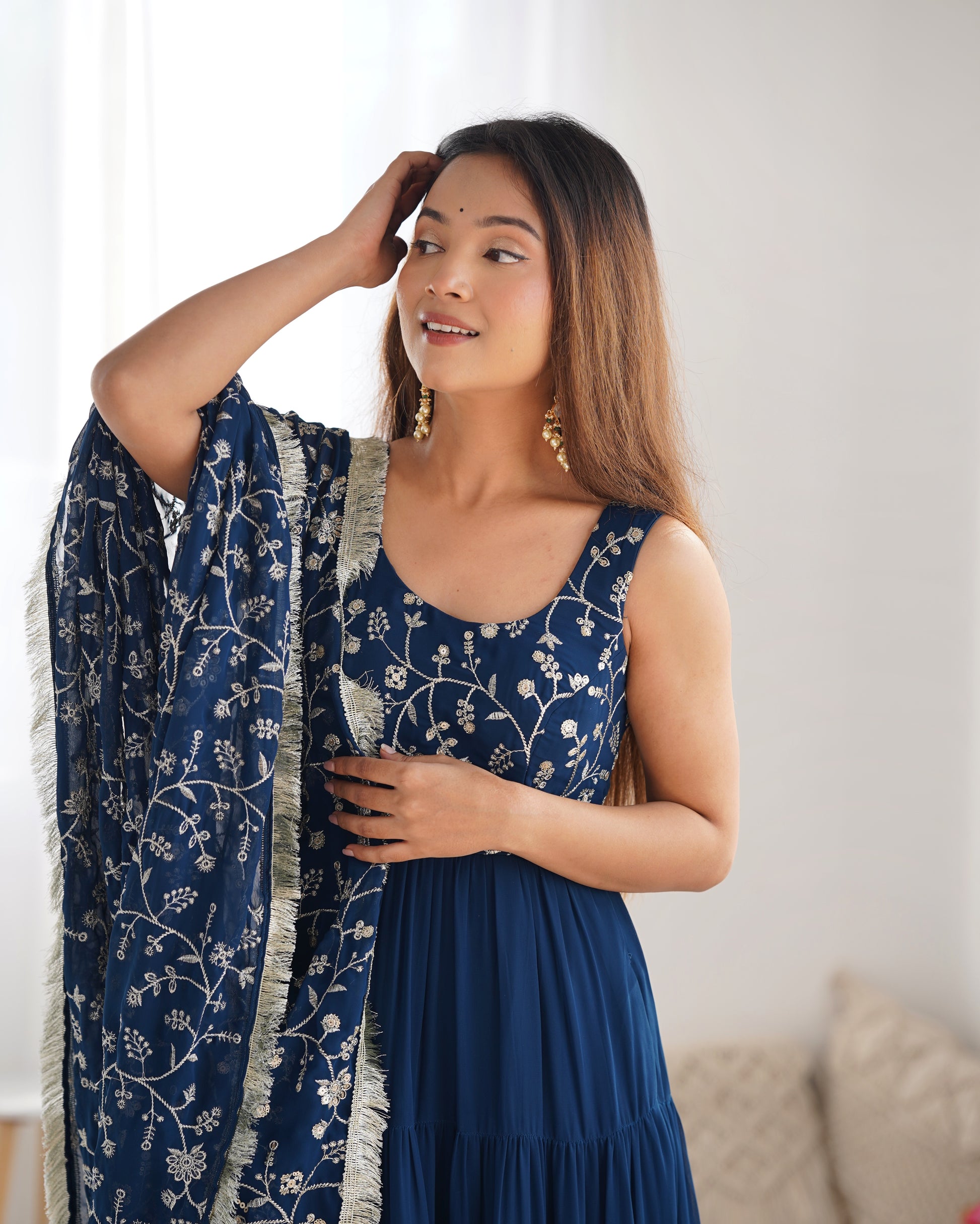 Regal Elegance in Every Twirl – Premium Teal Blue Anarkali Set - INDIAN ELEGANCE