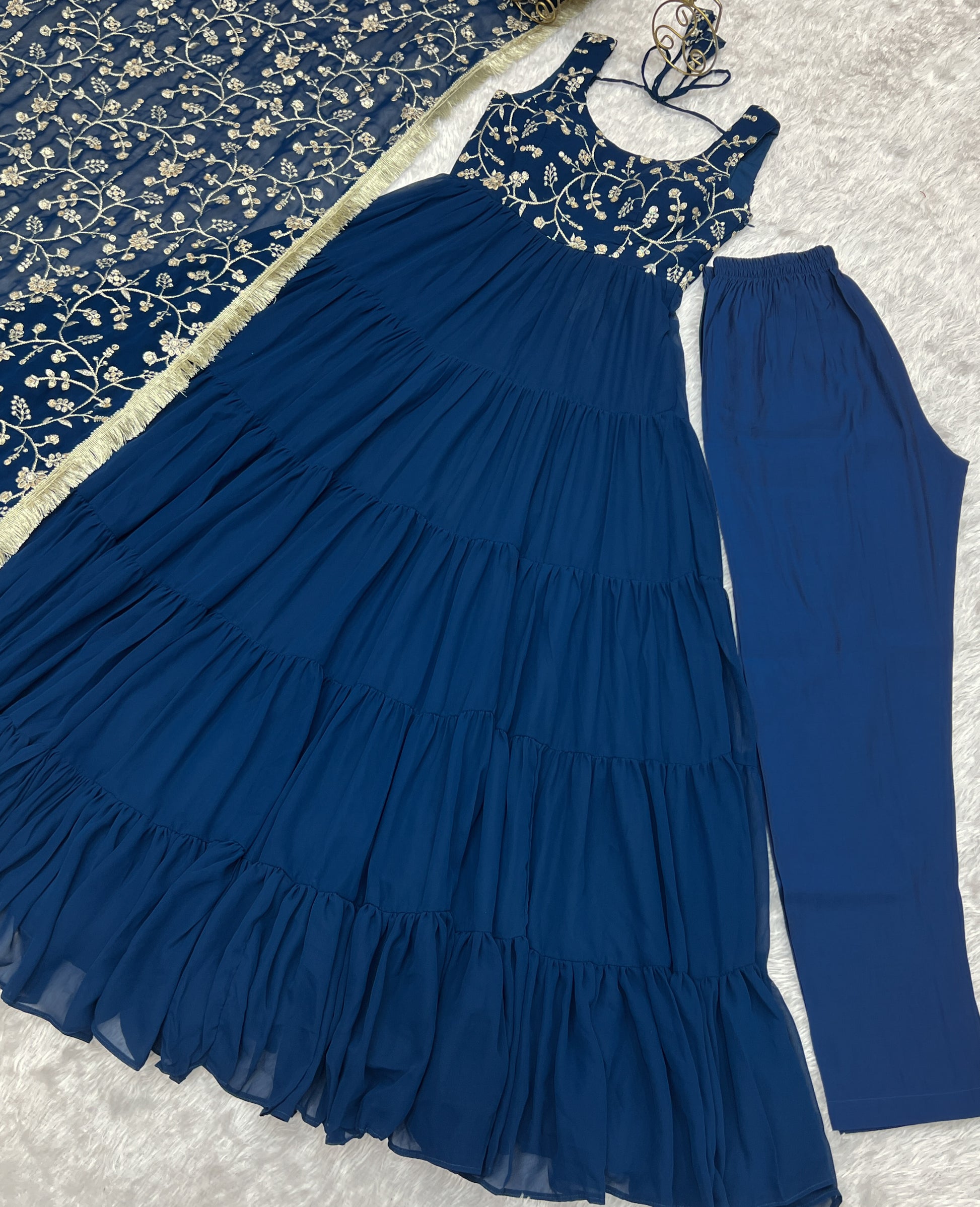 Regal Elegance in Every Twirl – Premium Teal Blue Anarkali Set - INDIAN ELEGANCE