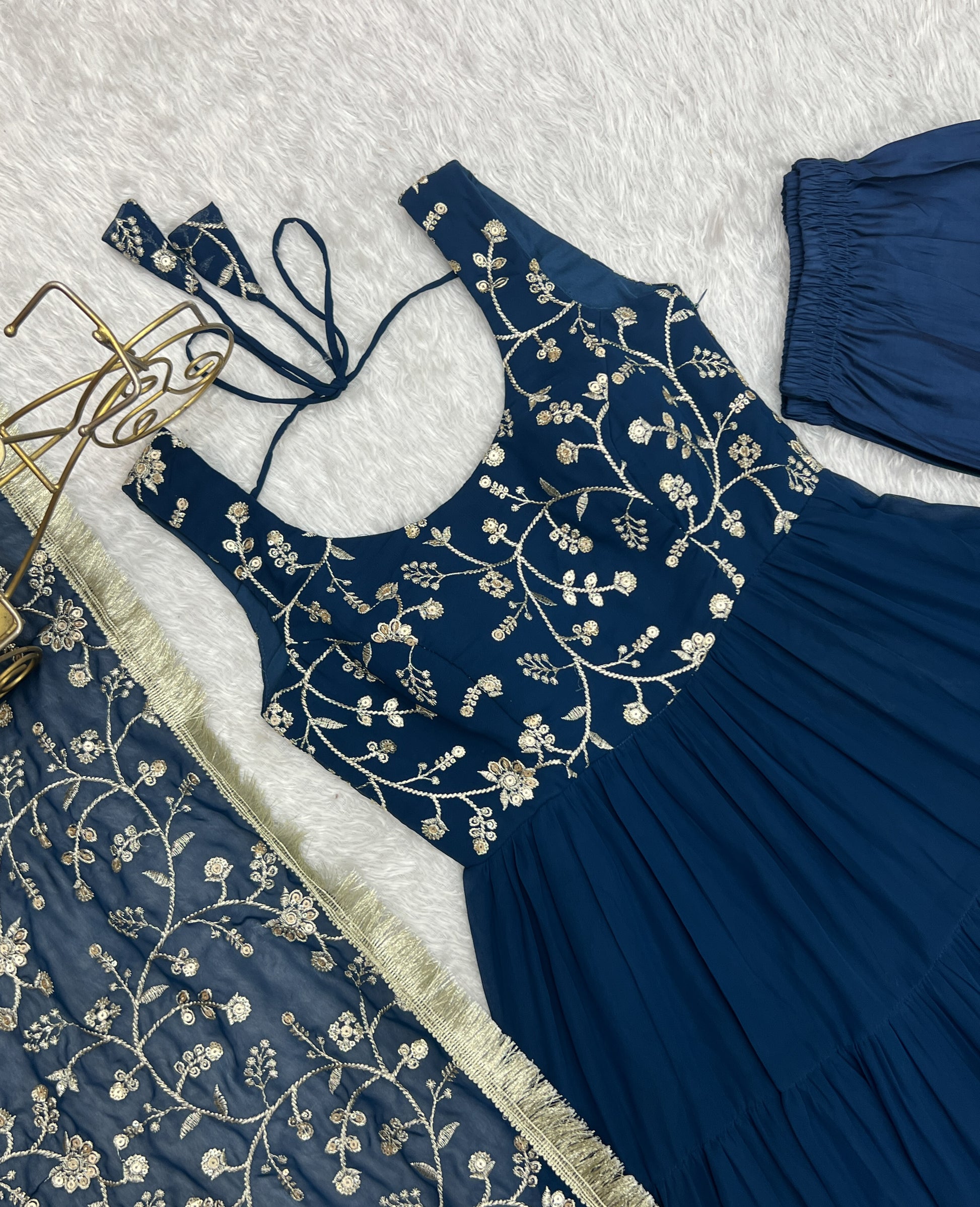 Regal Elegance in Every Twirl – Premium Teal Blue Anarkali Set - INDIAN ELEGANCE