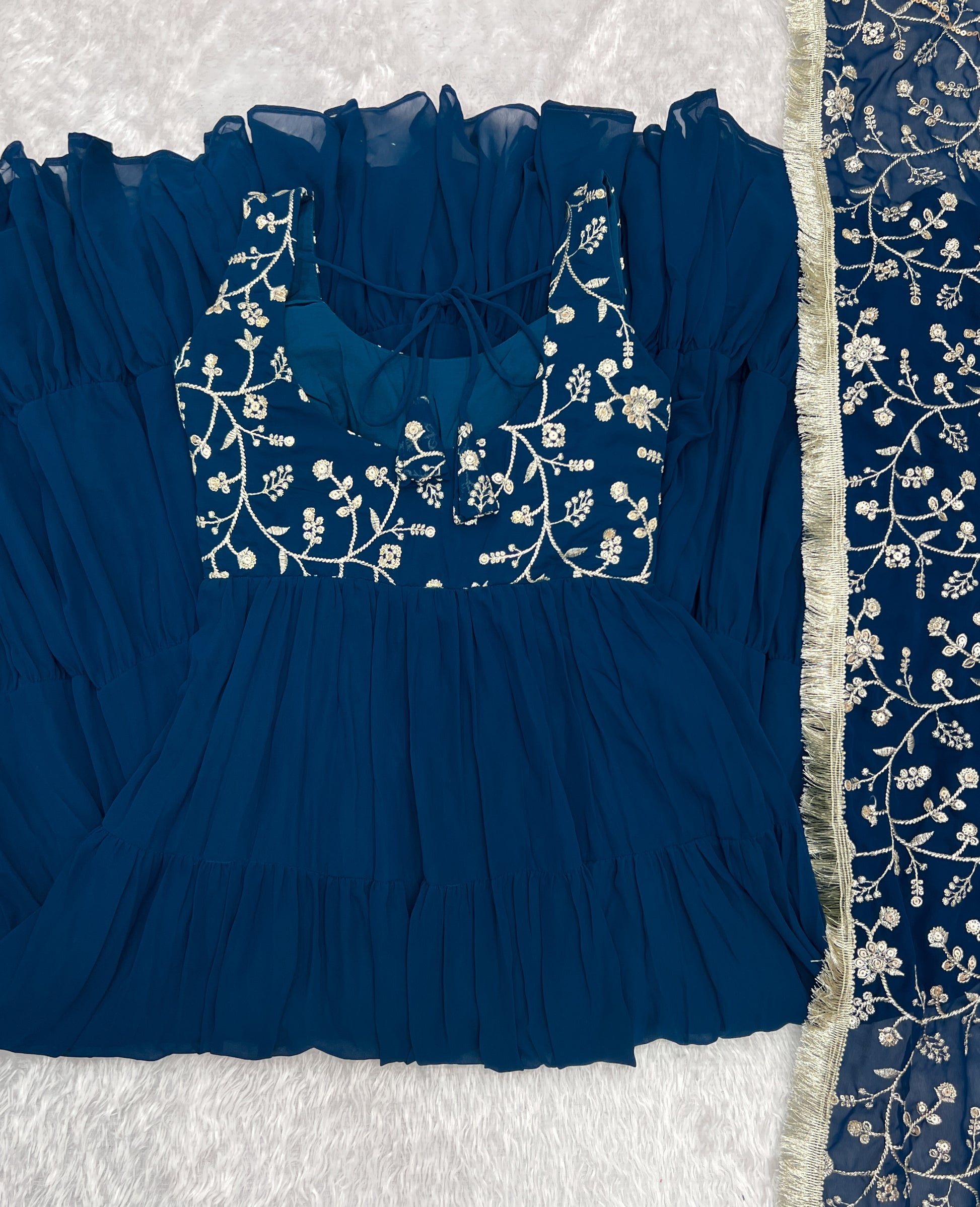 Regal Elegance in Every Twirl – Premium Teal Blue Anarkali Set - INDIAN ELEGANCE