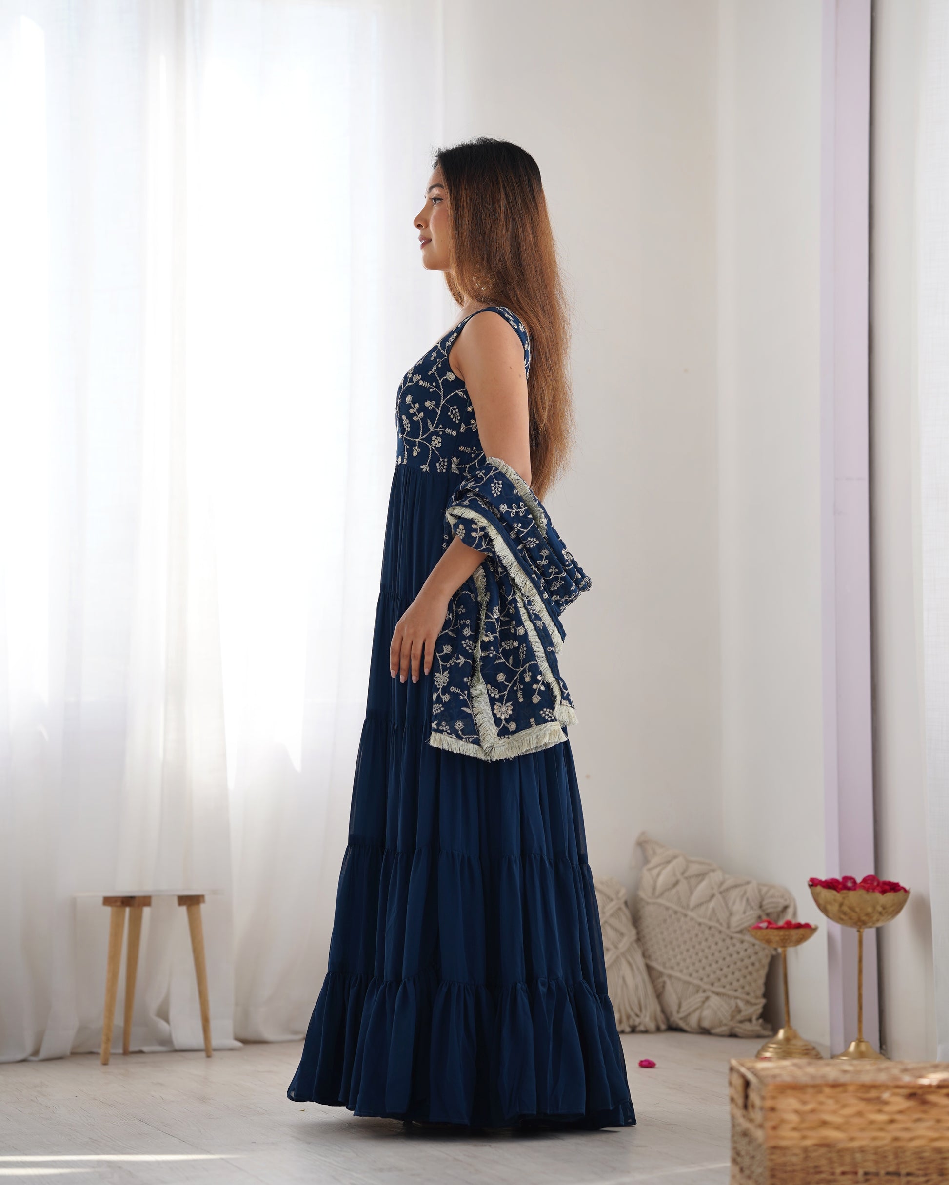 Regal Elegance in Every Twirl – Premium Teal Blue Anarkali Set - INDIAN ELEGANCE
