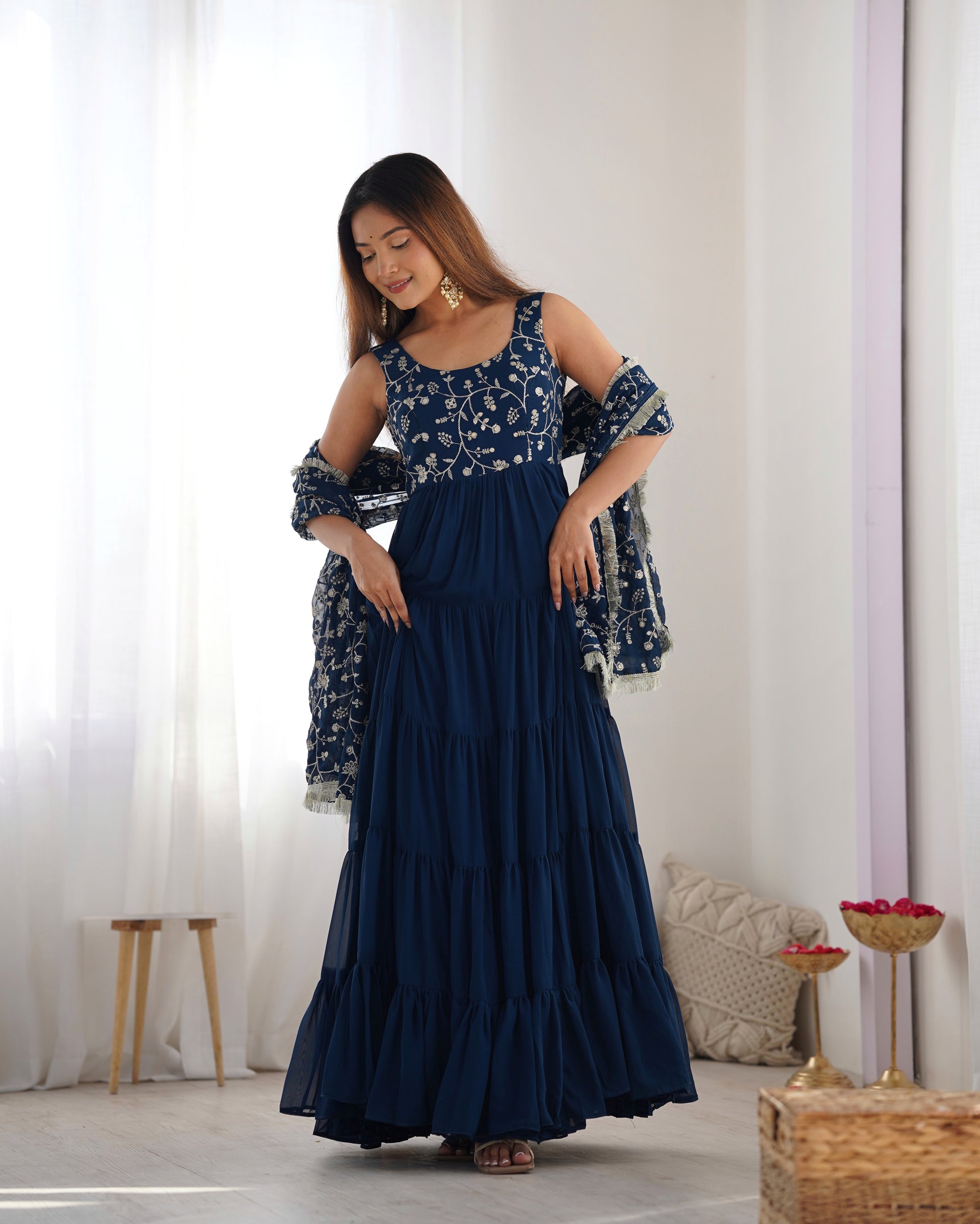 Regal Elegance in Every Twirl – Premium Teal Blue Anarkali Set - INDIAN ELEGANCE