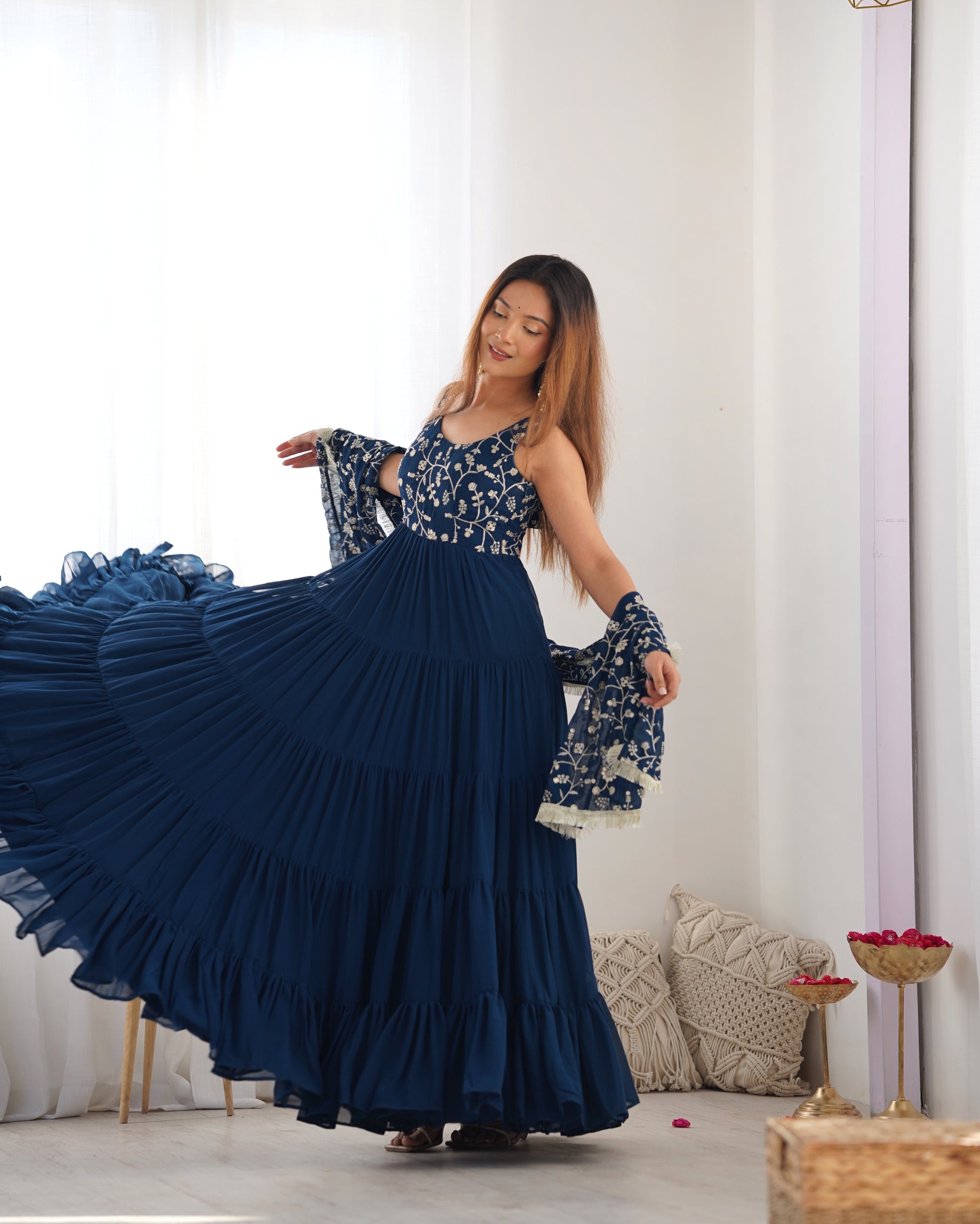 Regal Elegance in Every Twirl – Premium Teal Blue Anarkali Set - INDIAN ELEGANCE