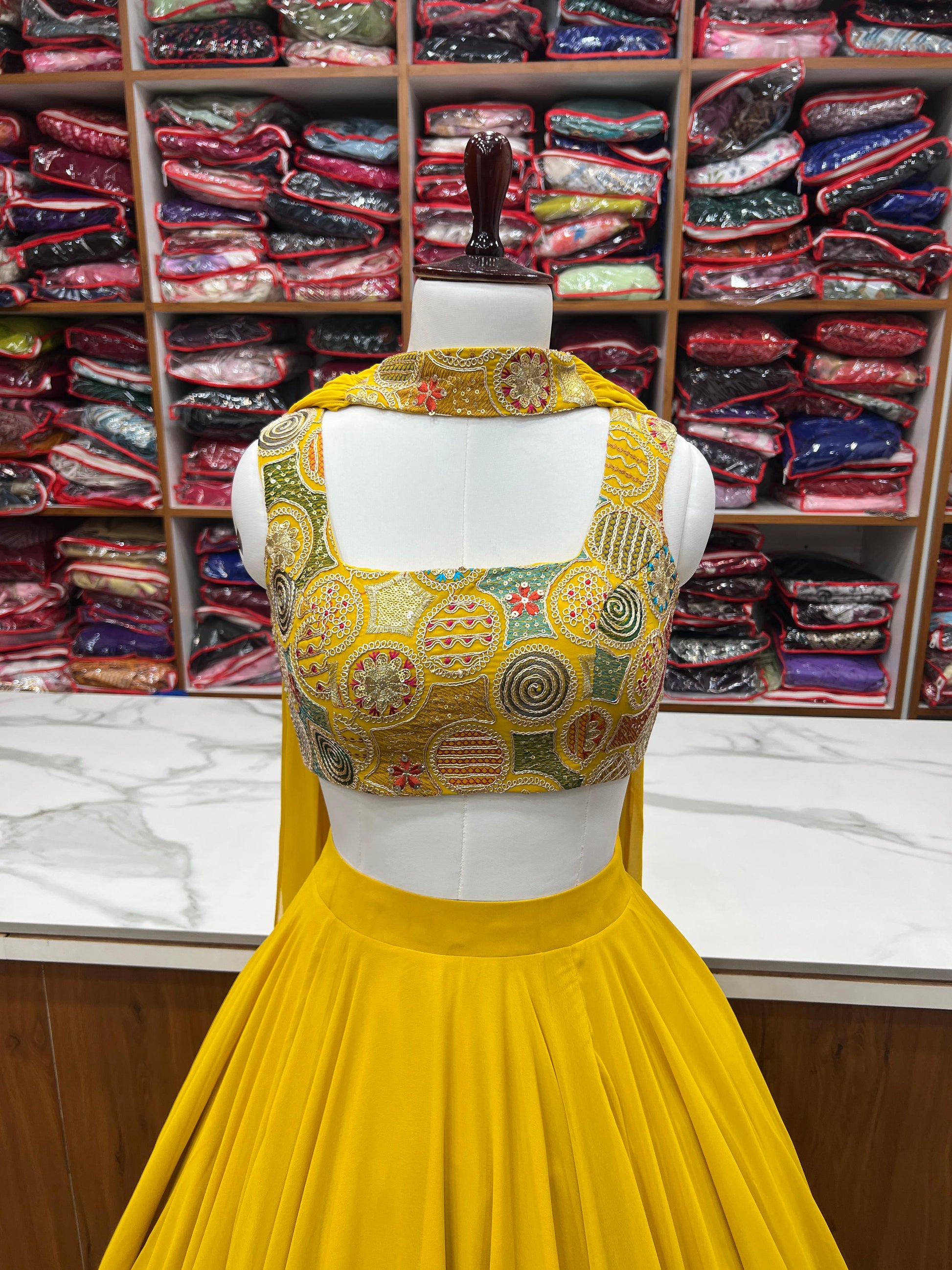 Amazing Yellow Pure Soft Faux Georgette Fully Stitched Lehenga Choli Set - INDIAN ELEGANCE