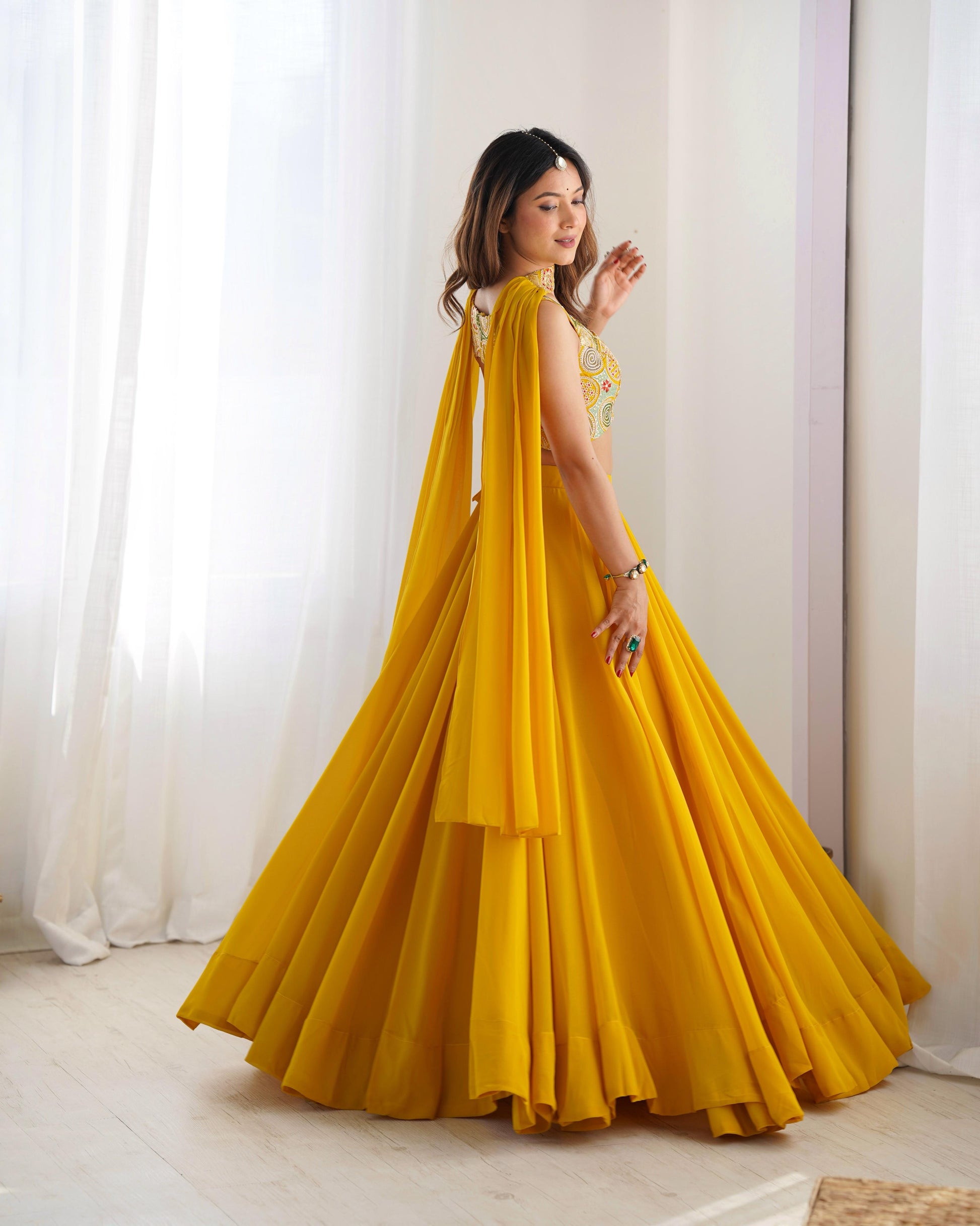 Amazing Yellow Pure Soft Faux Georgette Fully Stitched Lehenga Choli Set - INDIAN ELEGANCE