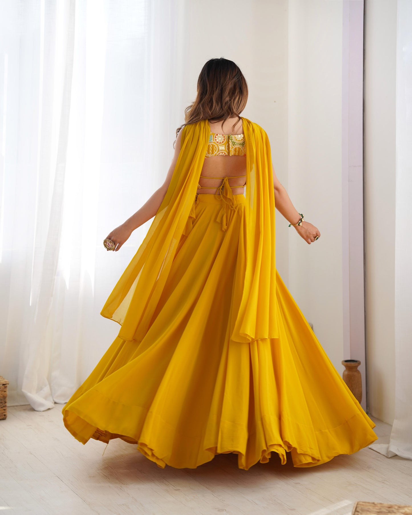 Amazing Yellow Pure Soft Faux Georgette Fully Stitched Lehenga Choli Set - INDIAN ELEGANCE