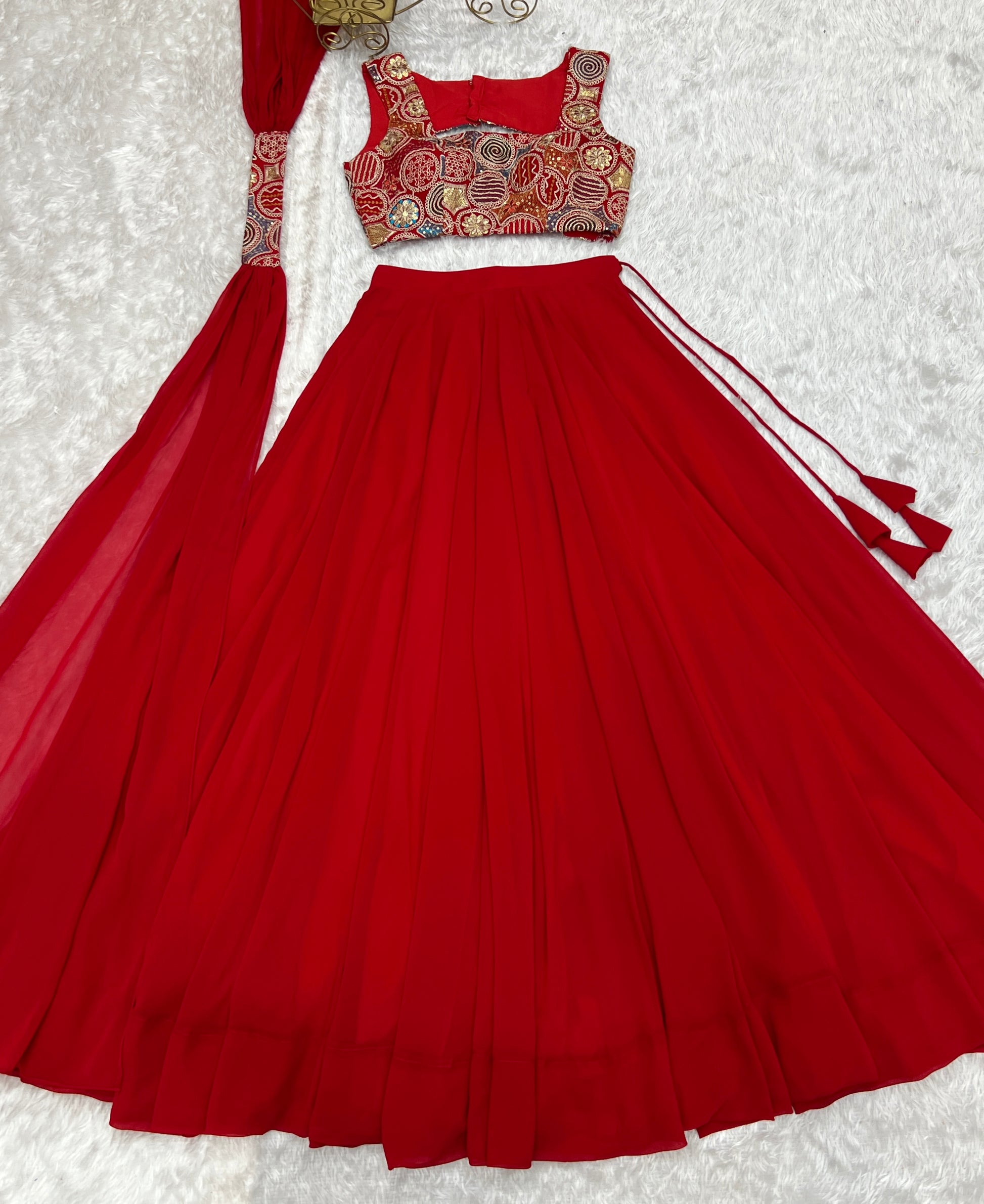 Fabulous Red Pure Soft Faux Georgette Fully Stitched Lehenga Choli Set - INDIAN ELEGANCE
