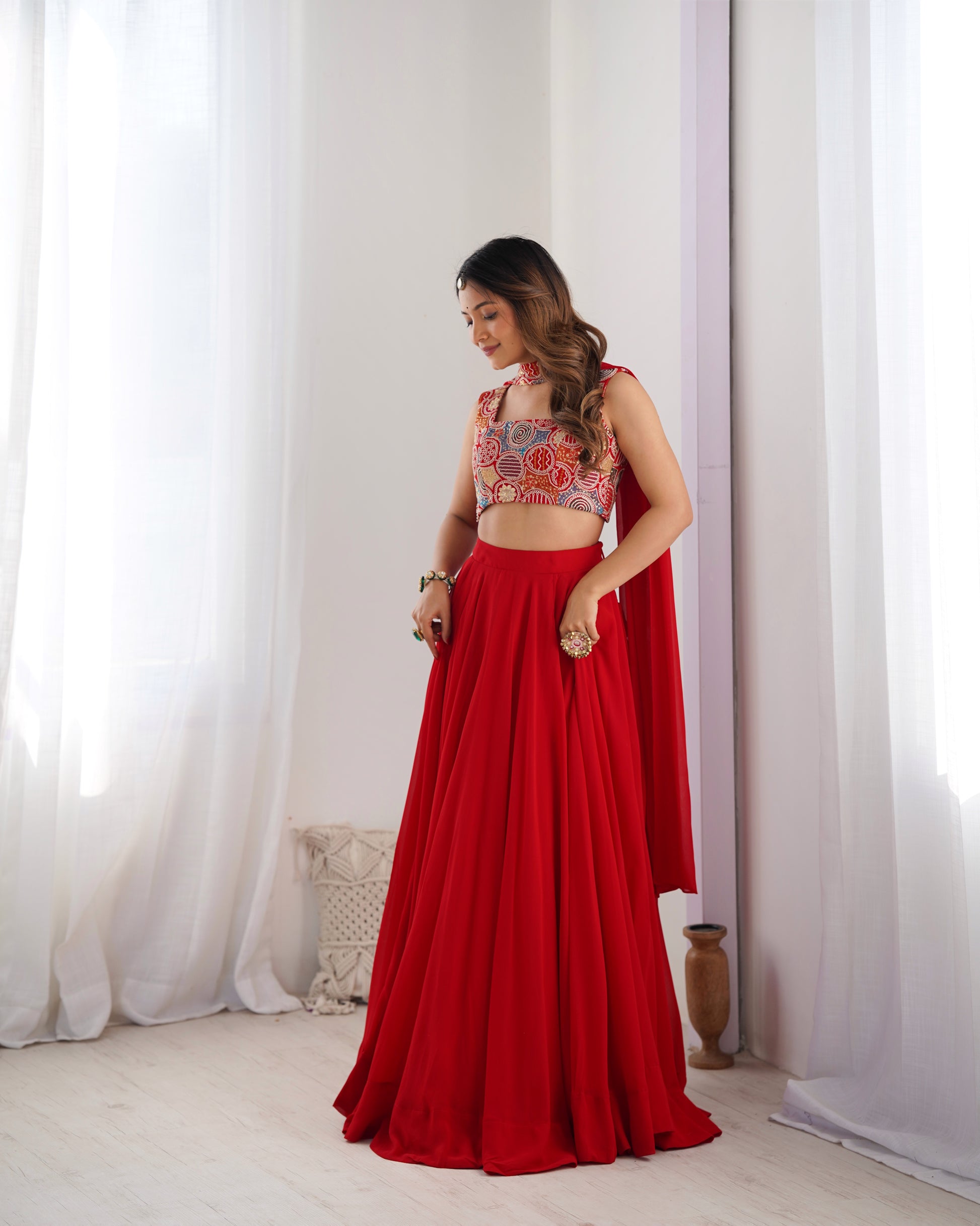 Fabulous Red Pure Soft Faux Georgette Fully Stitched Lehenga Choli Set - INDIAN ELEGANCE