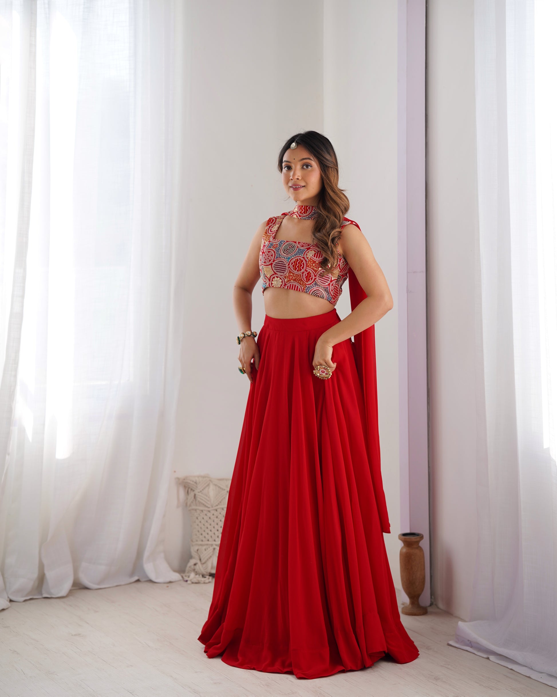 Fabulous Red Pure Soft Faux Georgette Fully Stitched Lehenga Choli Set - INDIAN ELEGANCE