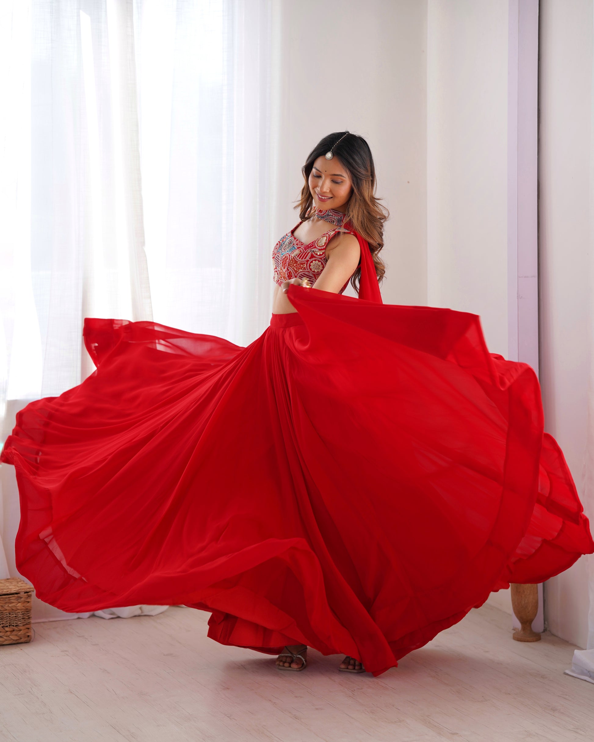 Fabulous Red Pure Soft Faux Georgette Fully Stitched Lehenga Choli Set - INDIAN ELEGANCE