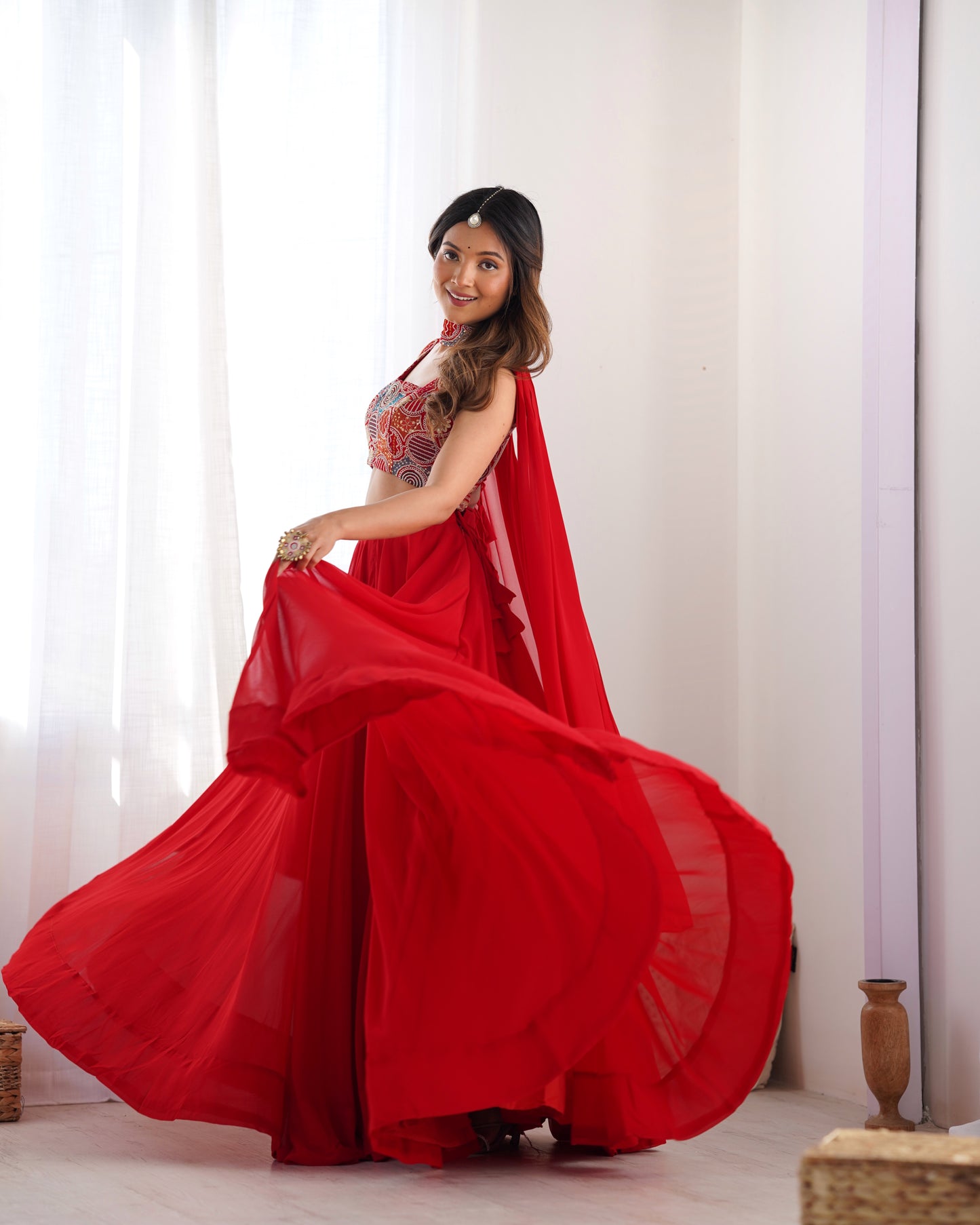 Fabulous Red Pure Soft Faux Georgette Fully Stitched Lehenga Choli Set - INDIAN ELEGANCE