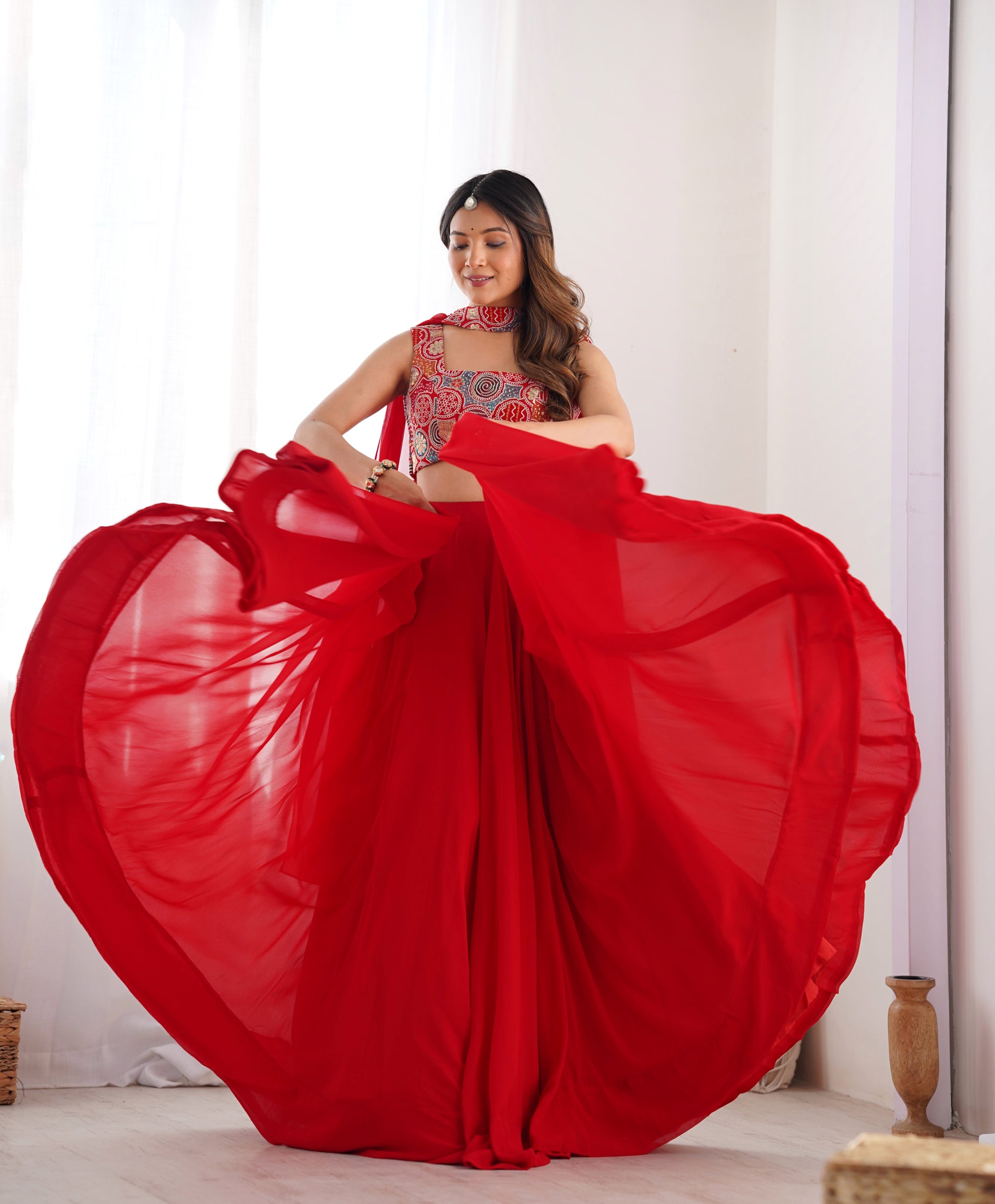 Fabulous Red Pure Soft Faux Georgette Fully Stitched Lehenga Choli Set - INDIAN ELEGANCE