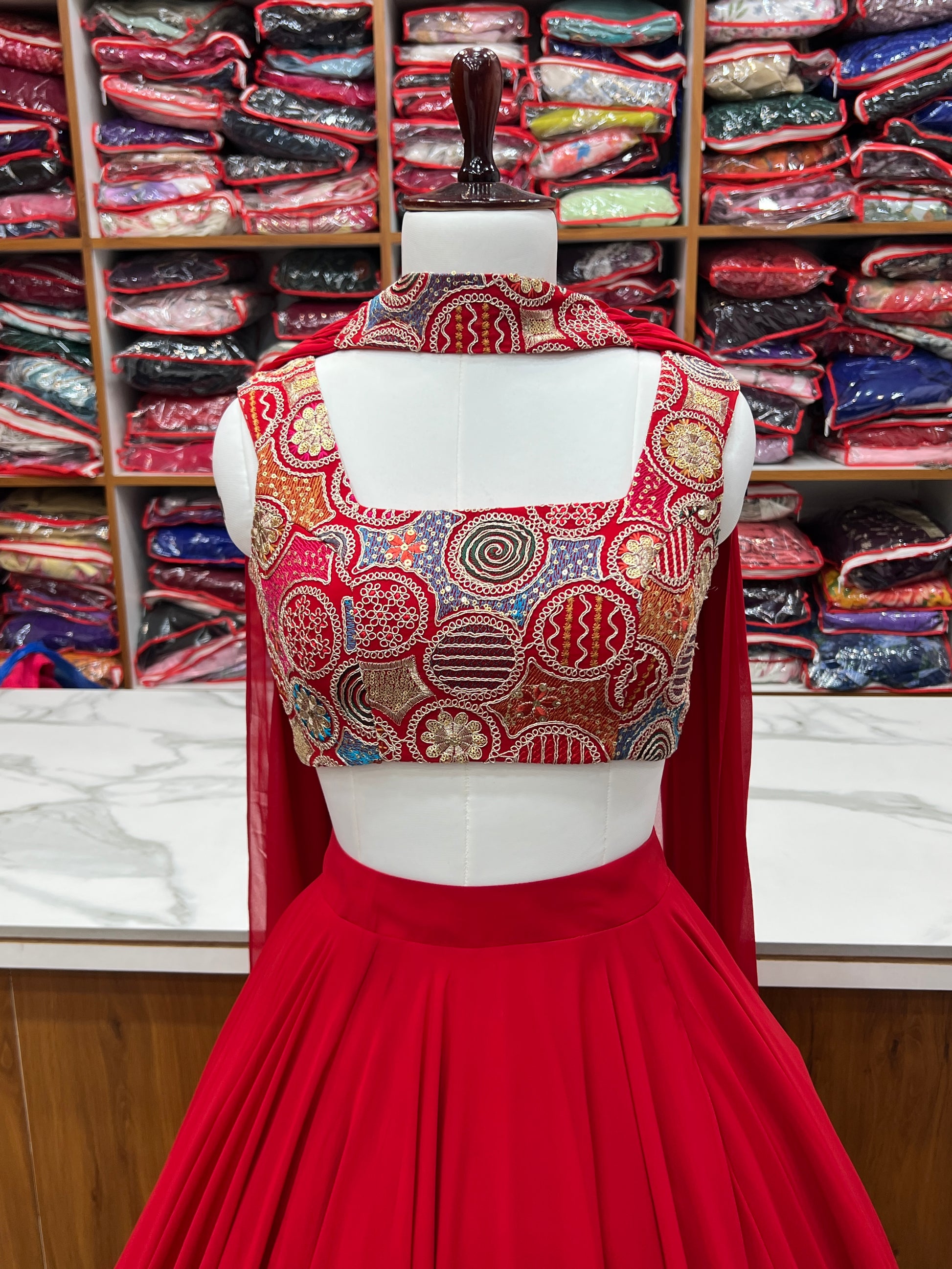 Fabulous Red Pure Soft Faux Georgette Fully Stitched Lehenga Choli Set - INDIAN ELEGANCE
