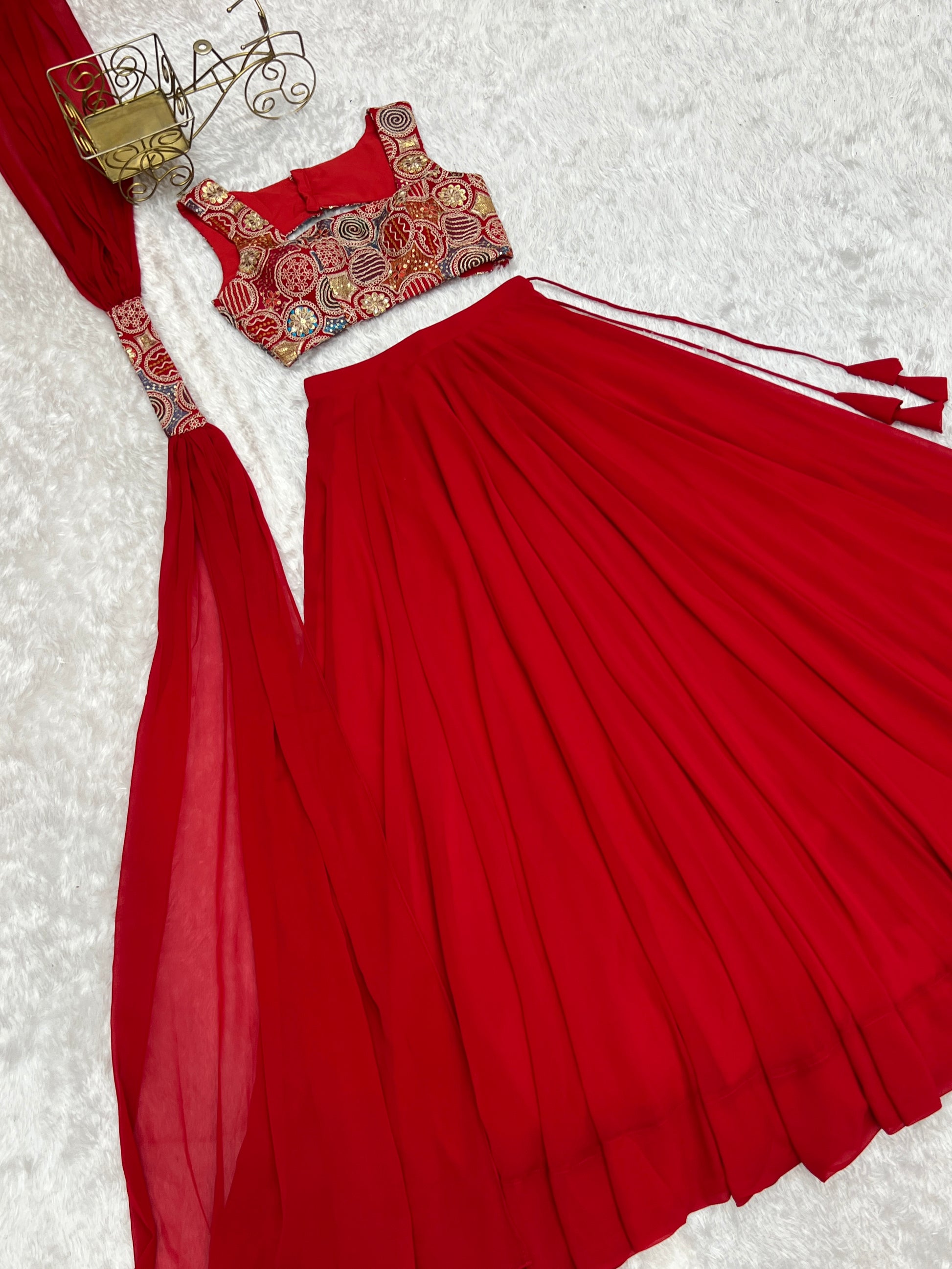 Fabulous Red Pure Soft Faux Georgette Fully Stitched Lehenga Choli Set - INDIAN ELEGANCE