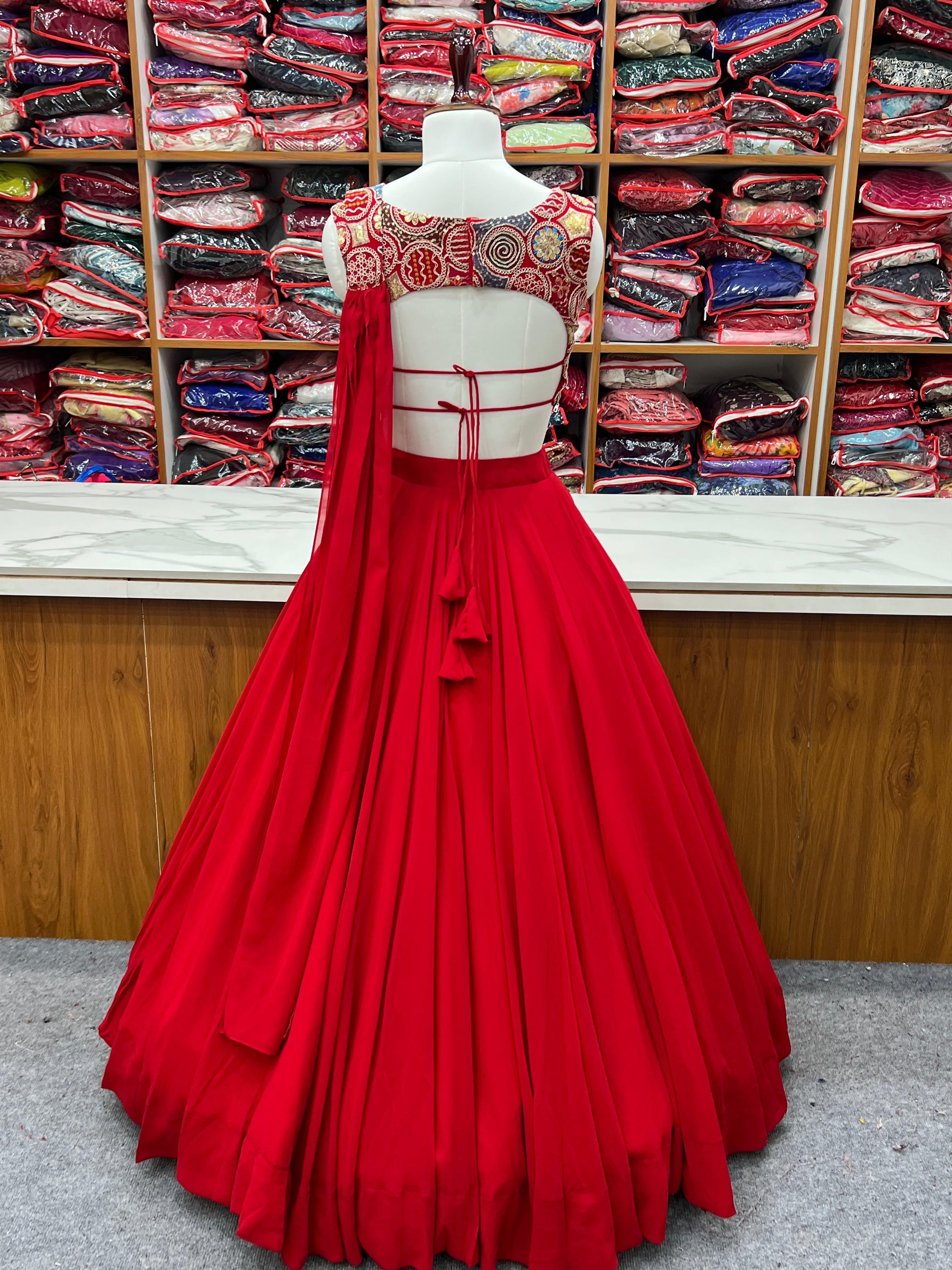 Fabulous Red Pure Soft Faux Georgette Fully Stitched Lehenga Choli Set - INDIAN ELEGANCE