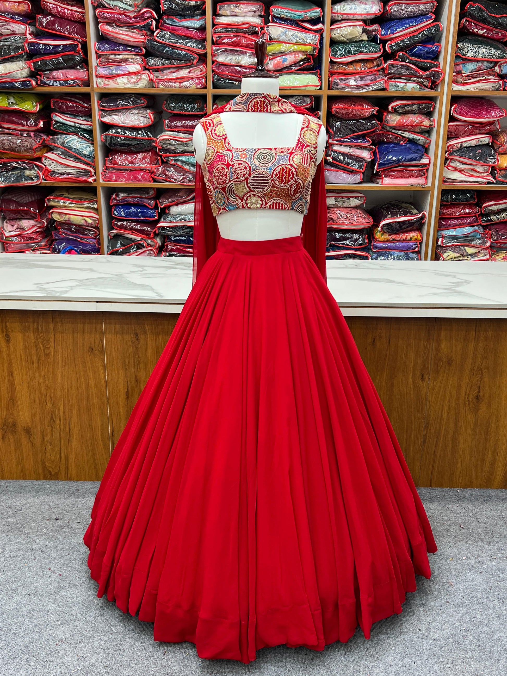 Fabulous Red Pure Soft Faux Georgette Fully Stitched Lehenga Choli Set - INDIAN ELEGANCE
