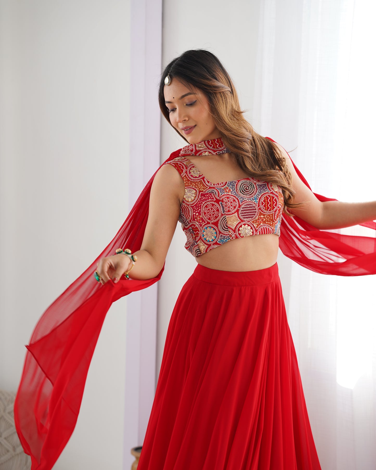 Fabulous Red Pure Soft Faux Georgette Fully Stitched Lehenga Choli Set - INDIAN ELEGANCE
