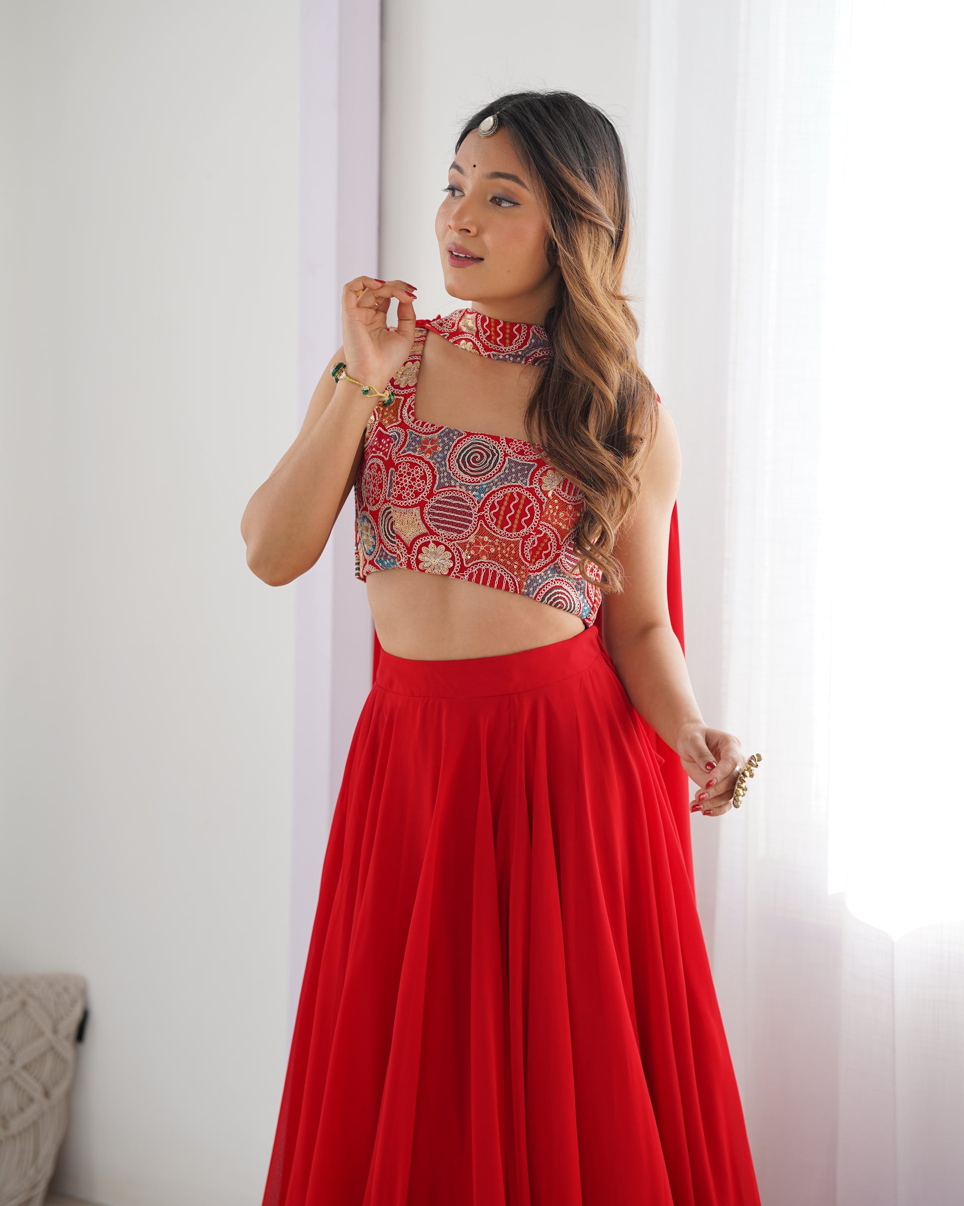 Fabulous Red Pure Soft Faux Georgette Fully Stitched Lehenga Choli Set - INDIAN ELEGANCE