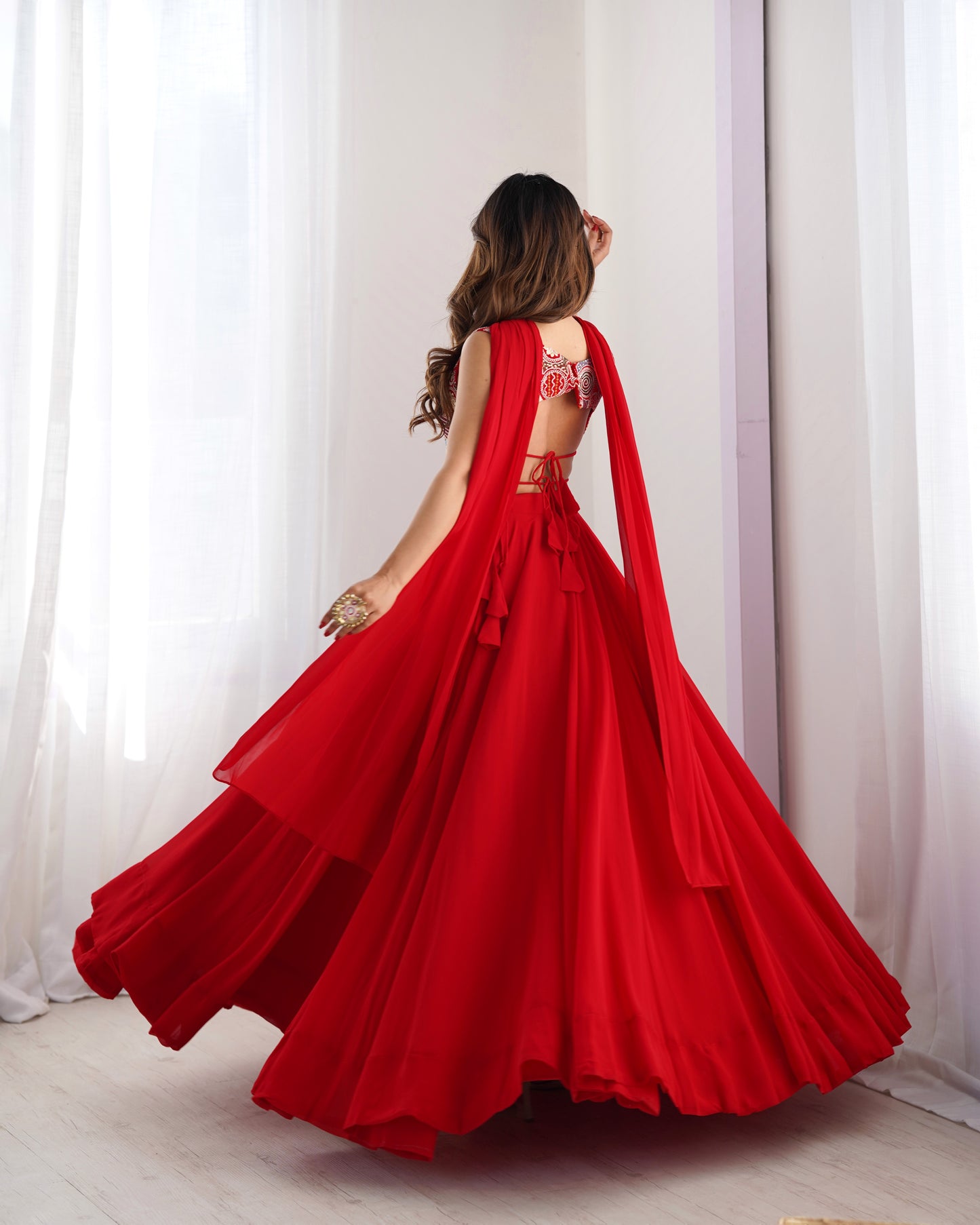 Fabulous Red Pure Soft Faux Georgette Fully Stitched Lehenga Choli Set - INDIAN ELEGANCE