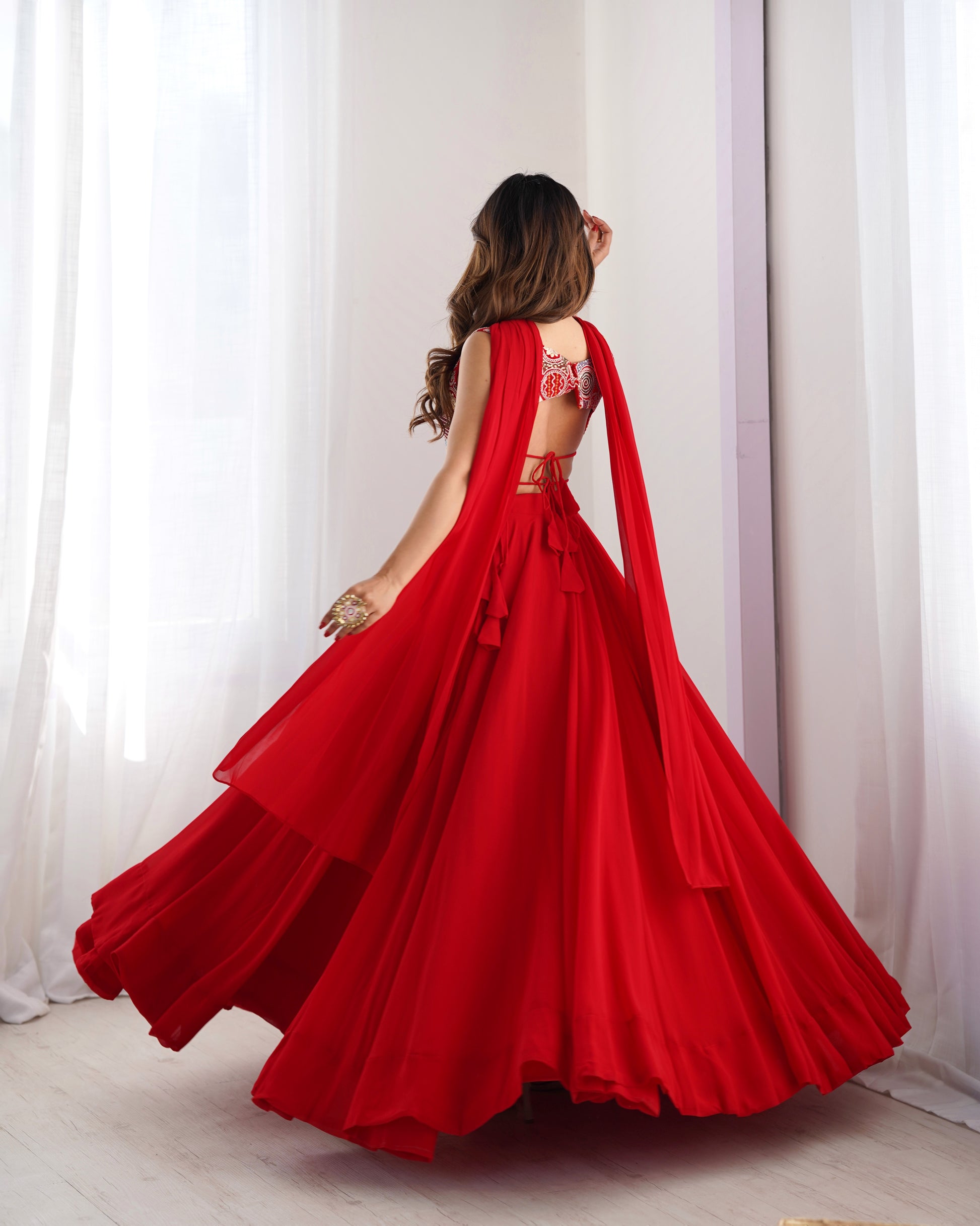 Fabulous Red Pure Soft Faux Georgette Fully Stitched Lehenga Choli Set - INDIAN ELEGANCE
