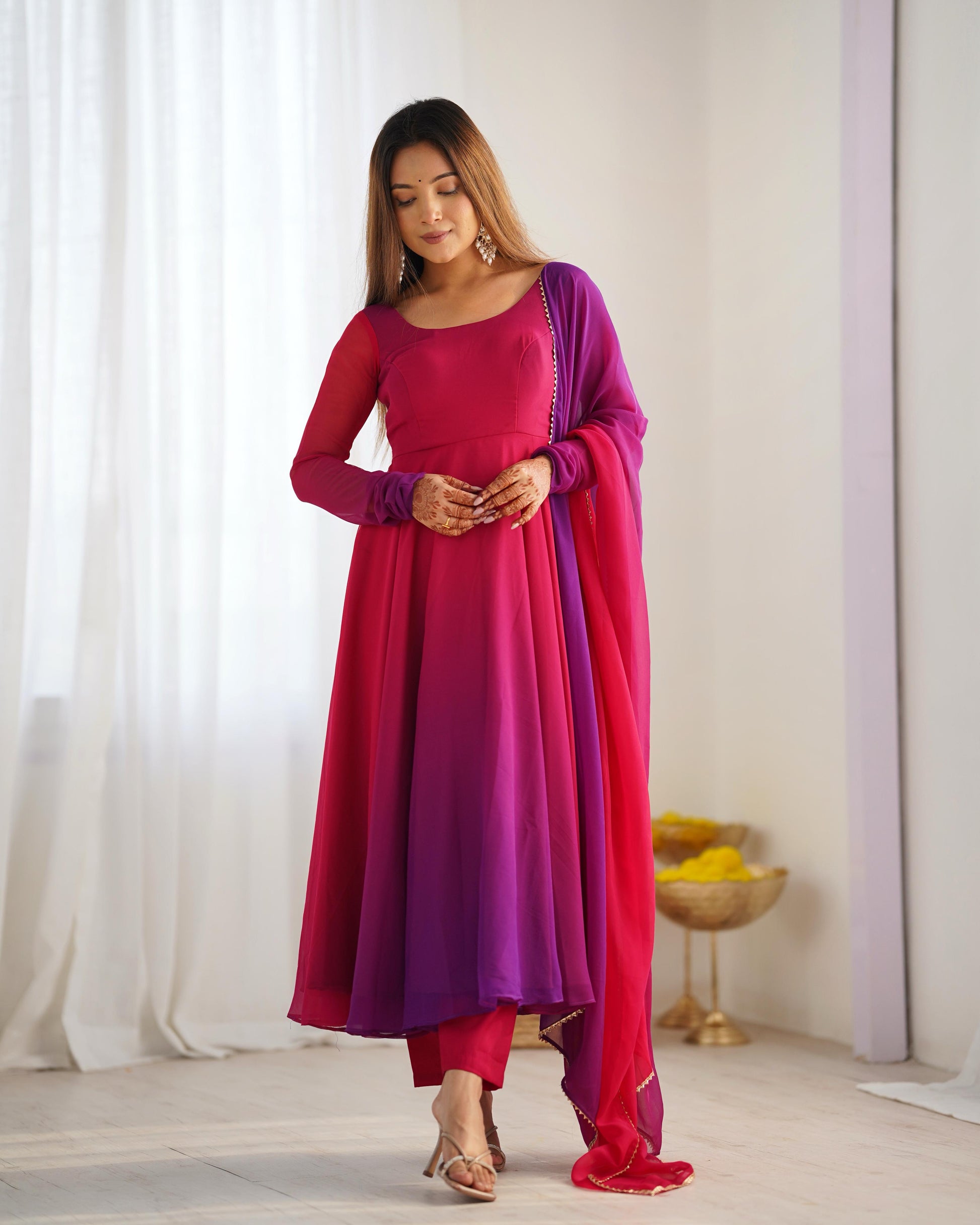 Spectacular Shaded Digital Printed Faux Georgette Anarkali Pant Suit - INDIAN ELEGANCE