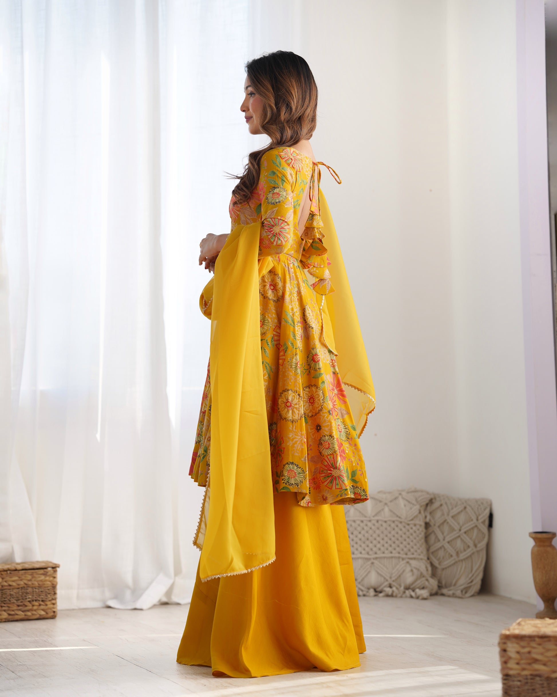Yellow Pure Soft Roman Silk Kediya Kurta Palazzo Set - INDIAN ELEGANCE