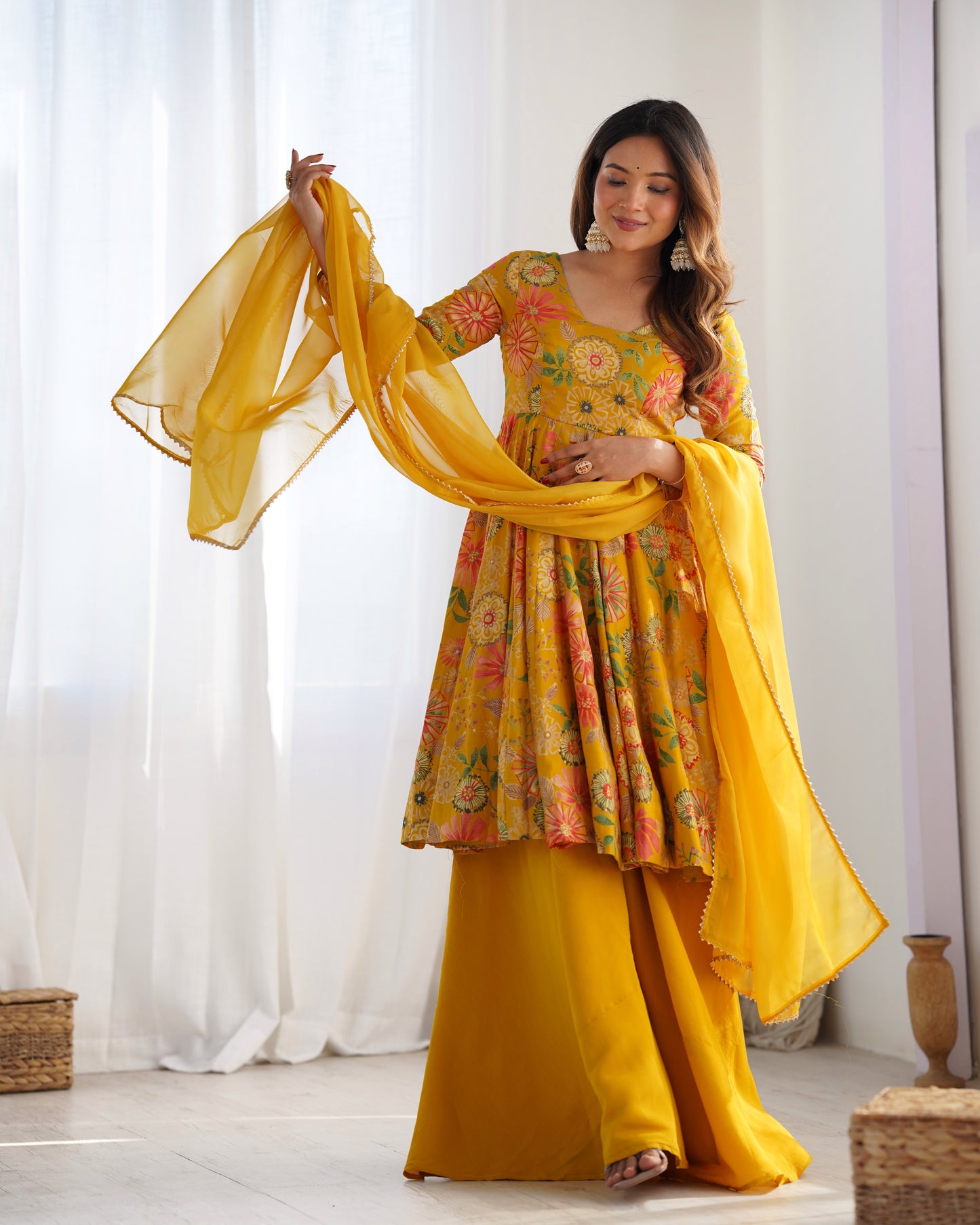 Yellow Pure Soft Roman Silk Kediya Kurta Palazzo Set - INDIAN ELEGANCE