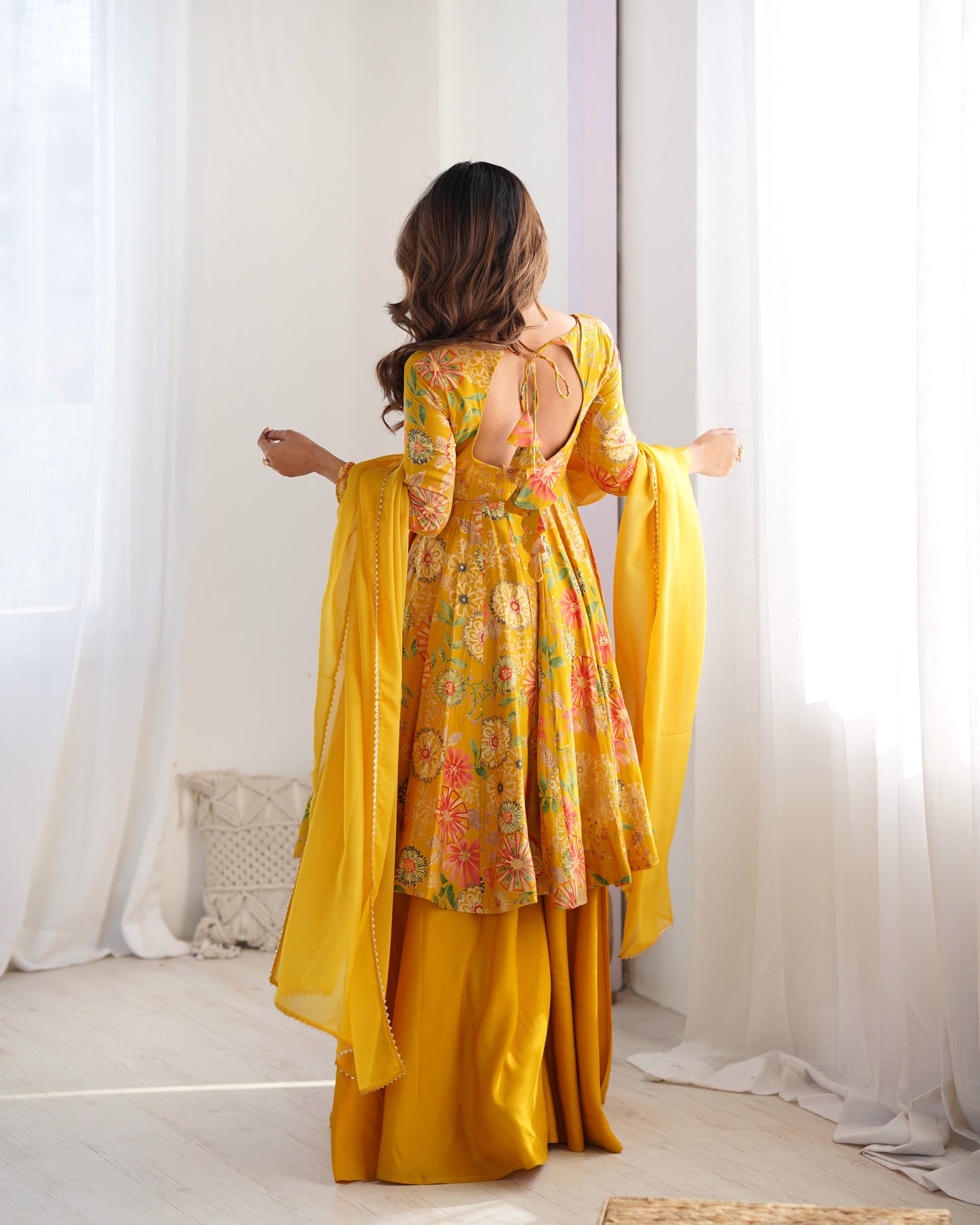 Yellow Pure Soft Roman Silk Kediya Kurta Palazzo Set - INDIAN ELEGANCE