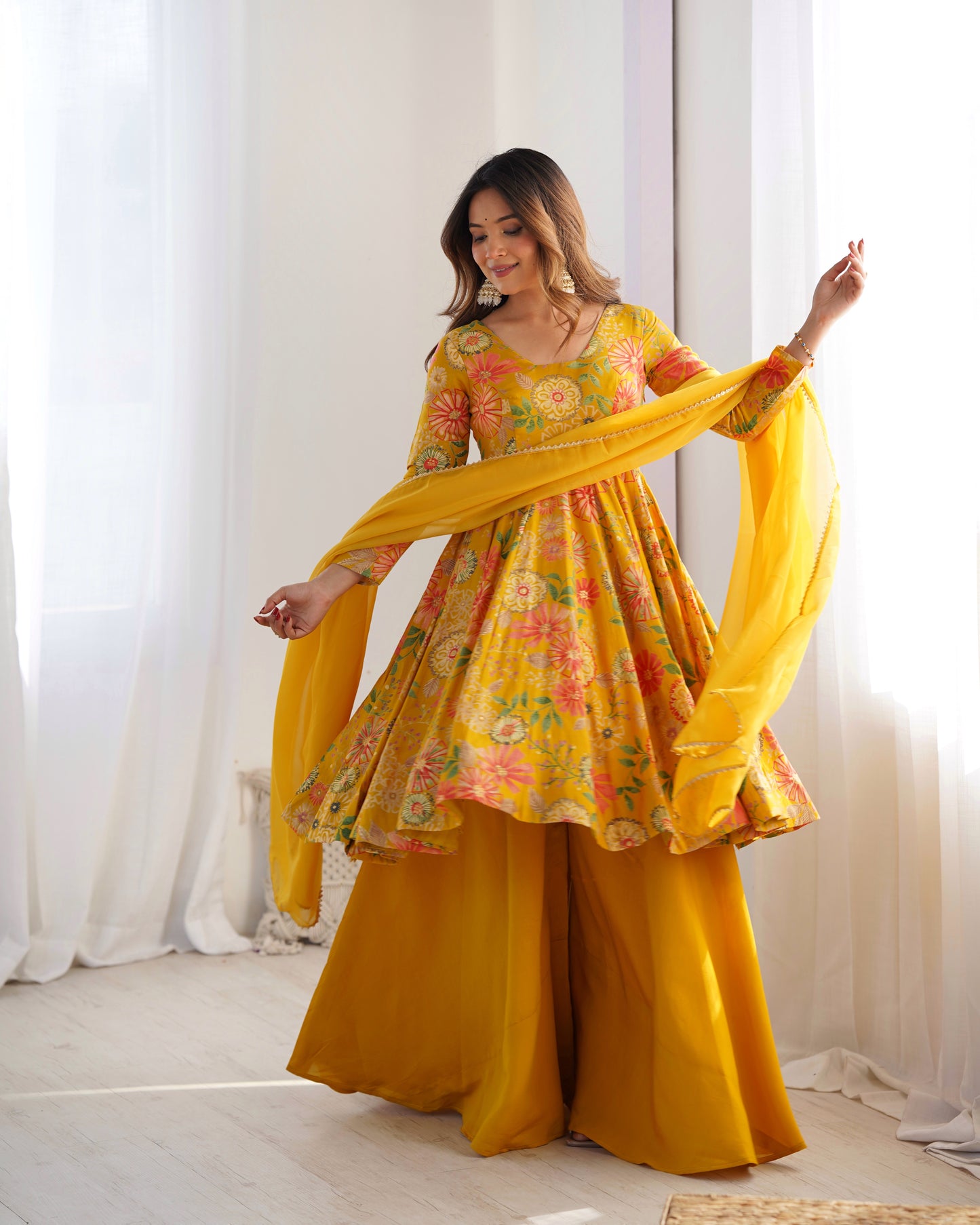 Yellow Pure Soft Roman Silk Kediya Kurta Palazzo Set - INDIAN ELEGANCE