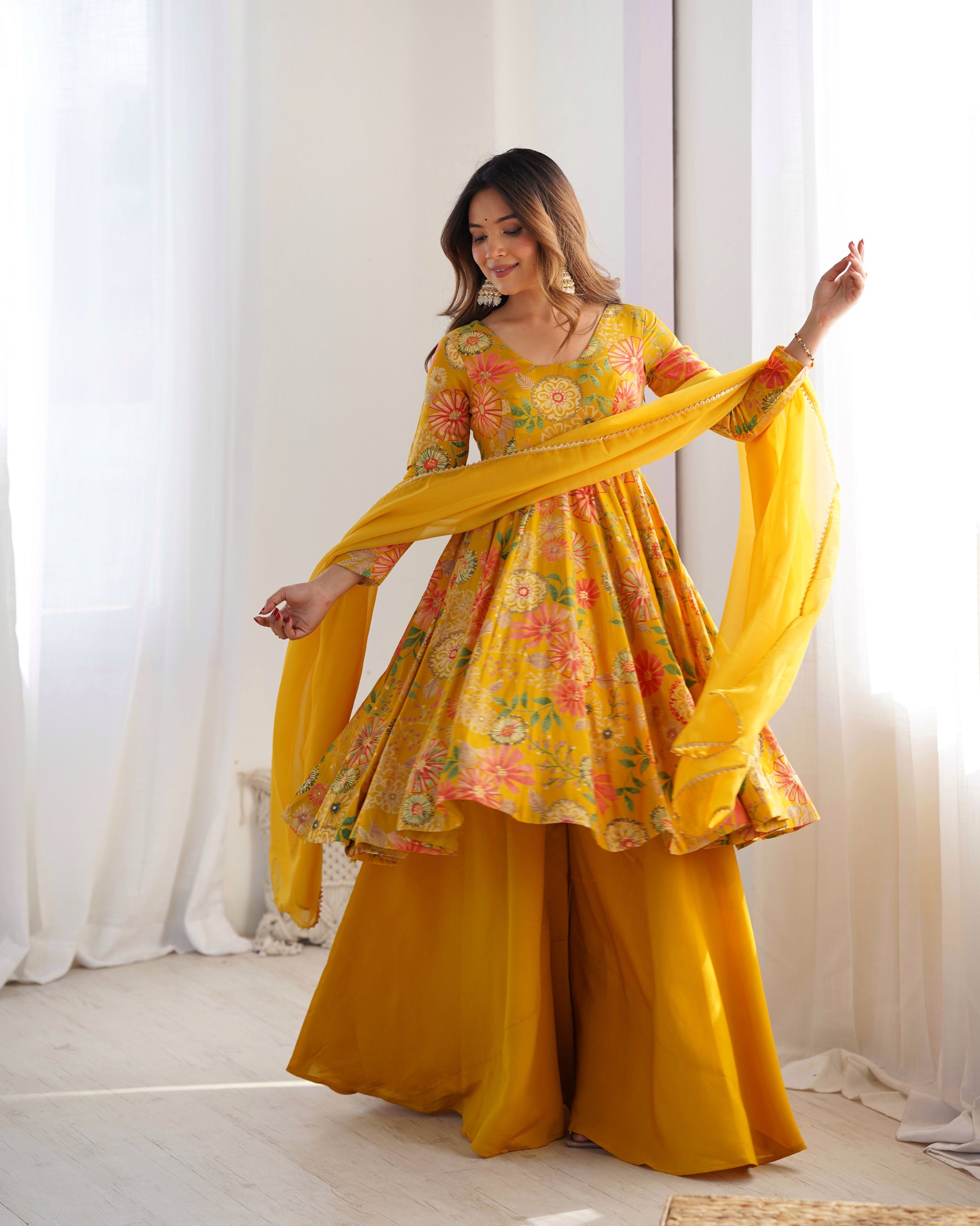 Yellow Pure Soft Roman Silk Kediya Kurta Palazzo Set - INDIAN ELEGANCE