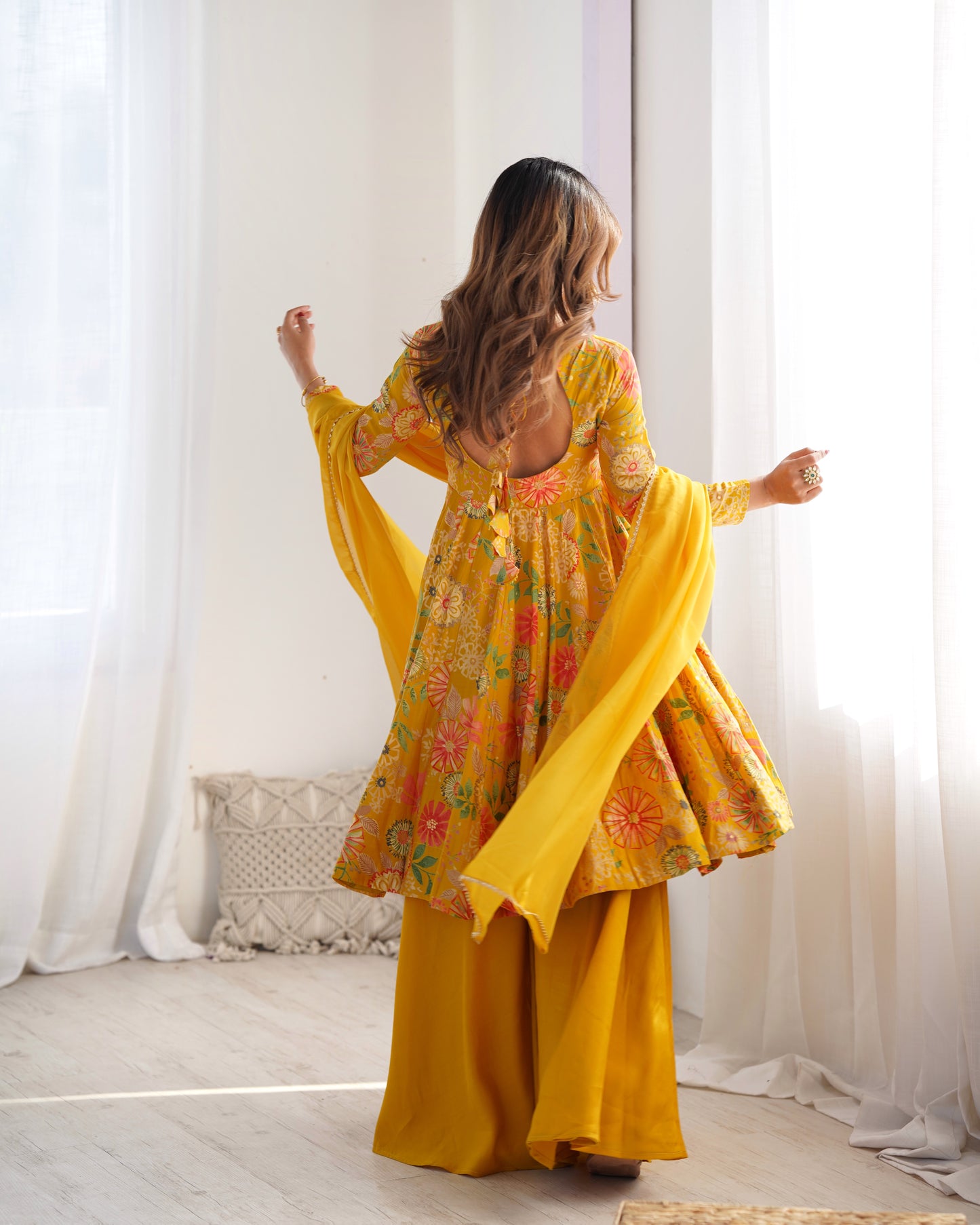 Yellow Pure Soft Roman Silk Kediya Kurta Palazzo Set - INDIAN ELEGANCE