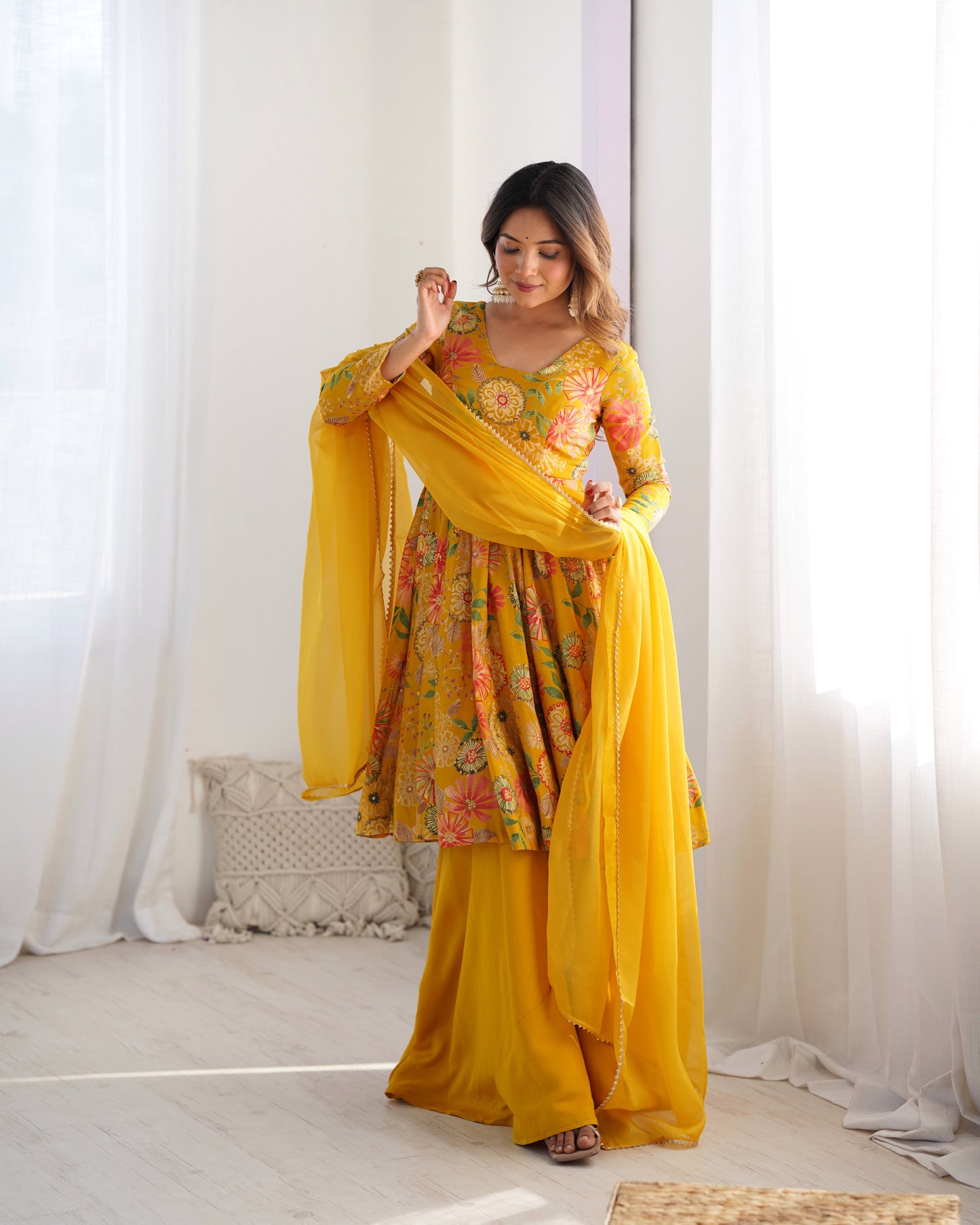 Yellow Pure Soft Roman Silk Kediya Kurta Palazzo Set - INDIAN ELEGANCE
