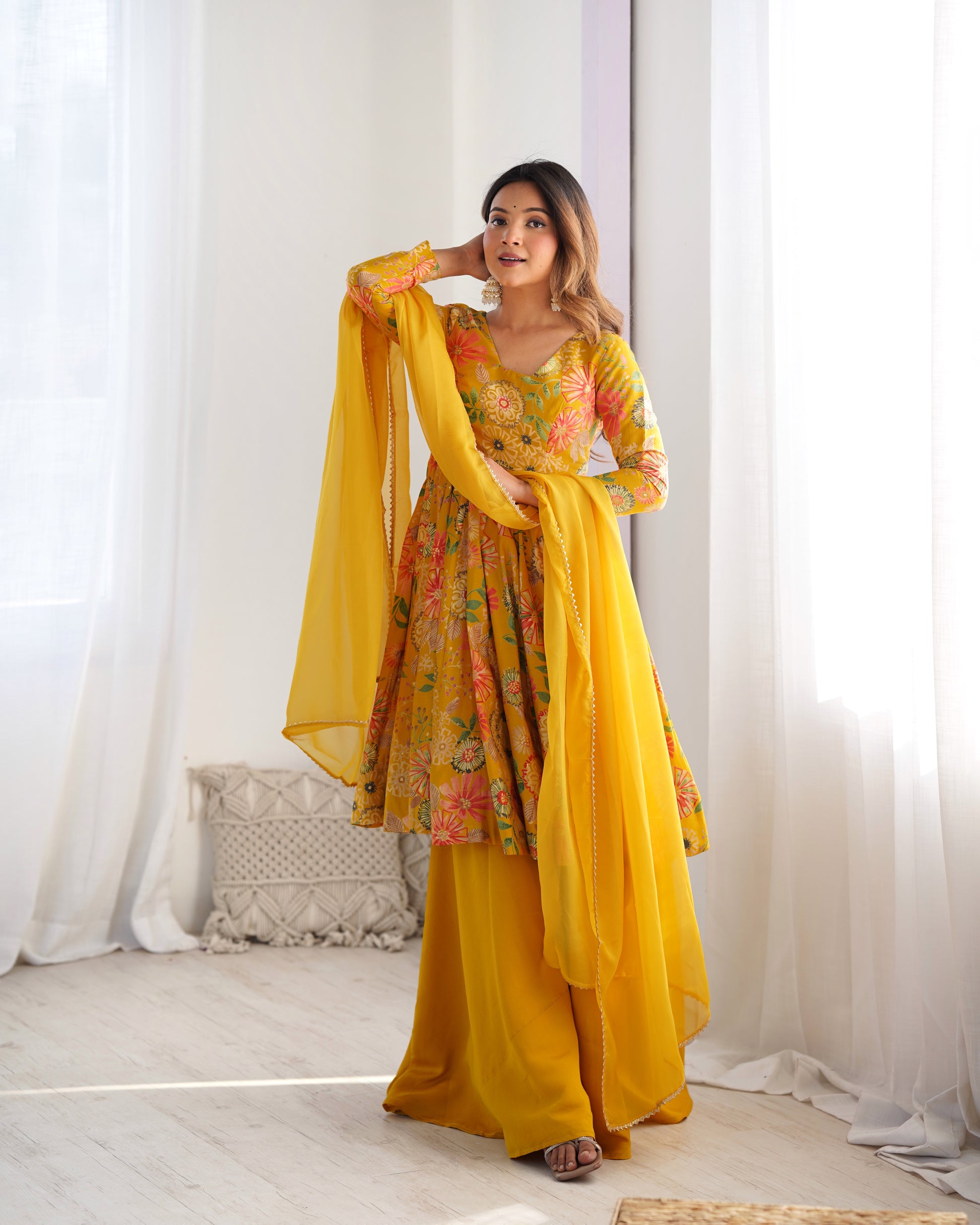 Yellow Pure Soft Roman Silk Kediya Kurta Palazzo Set - INDIAN ELEGANCE