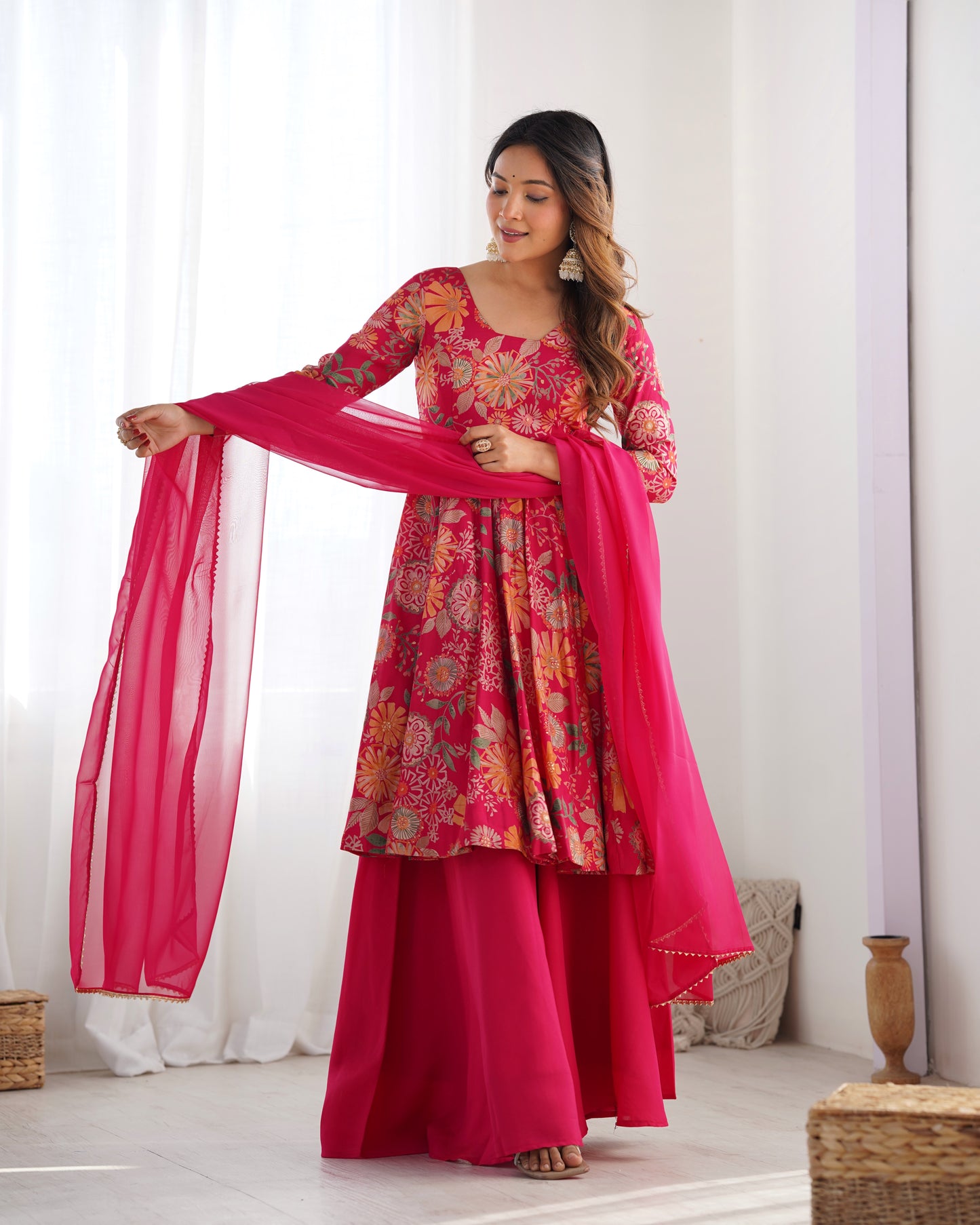 Exquisite Pure Soft Roman Silk Kediya Kurta Palazzo Set