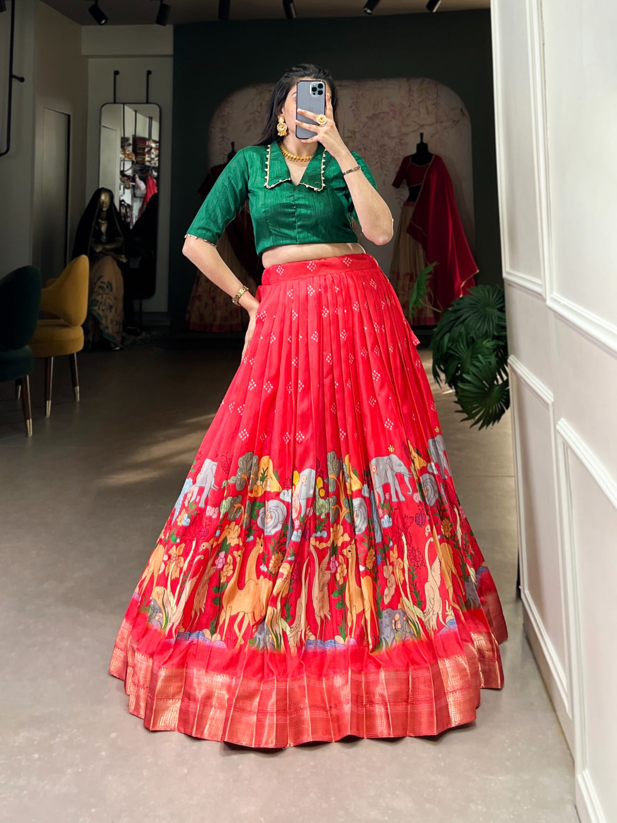 Magnificent Kalamkari Printed Zari Weaving Border Dola Silk Lehenga Choli
