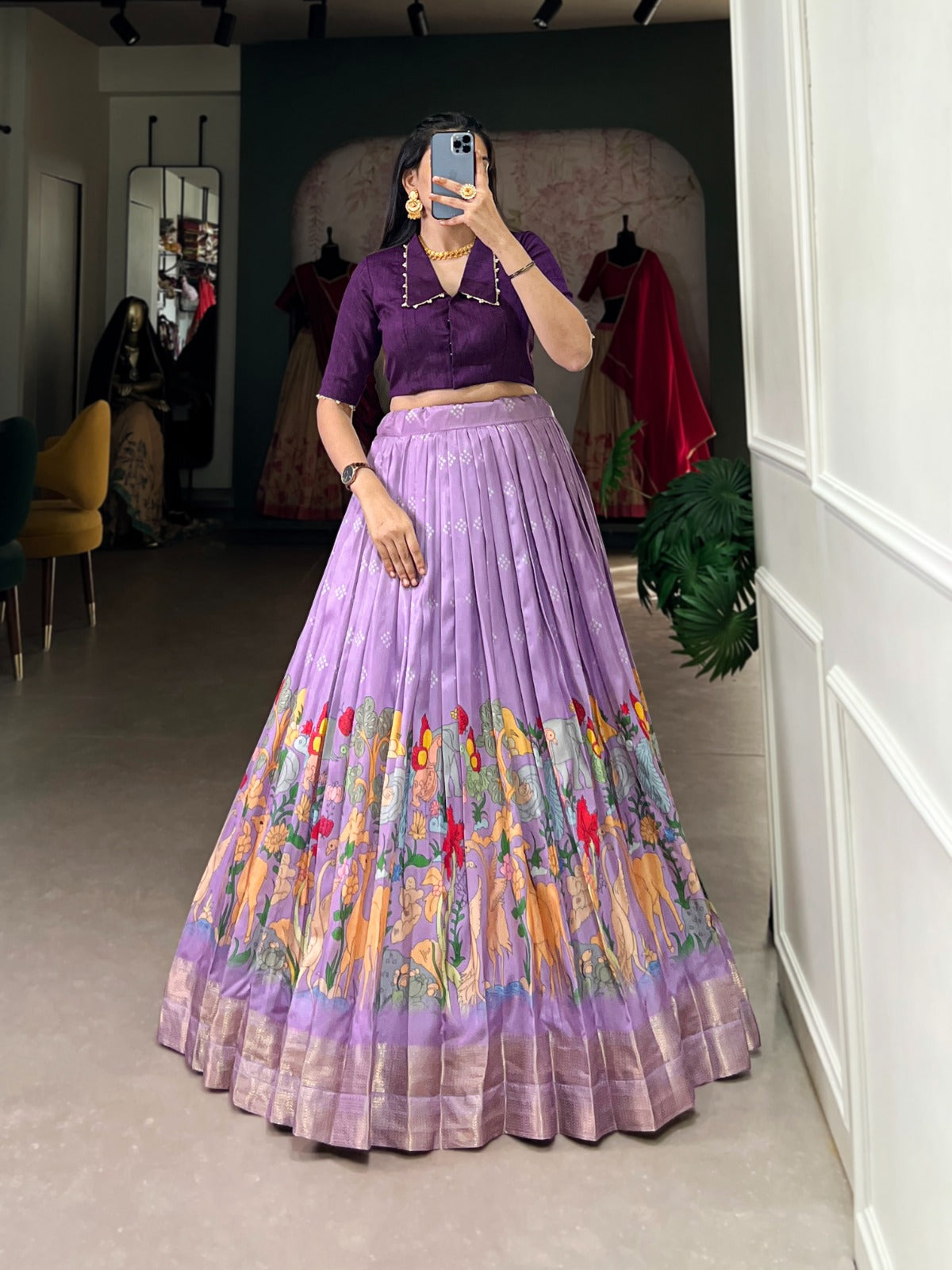 Magnificent Kalamkari Printed Zari Weaving Border Dola Silk Lehenga Choli