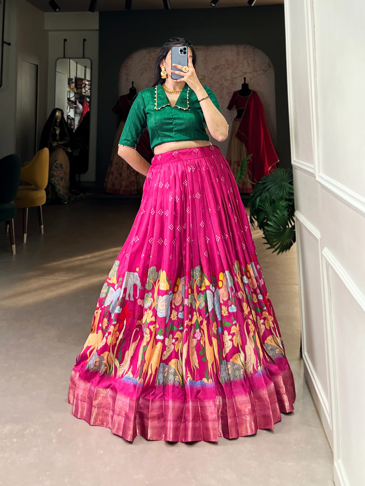 Magnificent Kalamkari Printed Zari Weaving Border Dola Silk Lehenga Choli