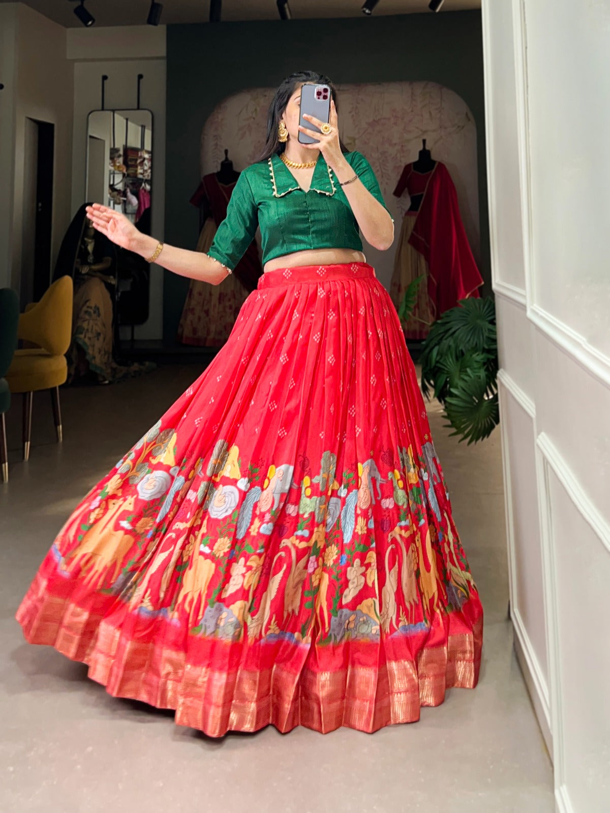 Magnificent Kalamkari Printed Zari Weaving Border Dola Silk Lehenga Choli