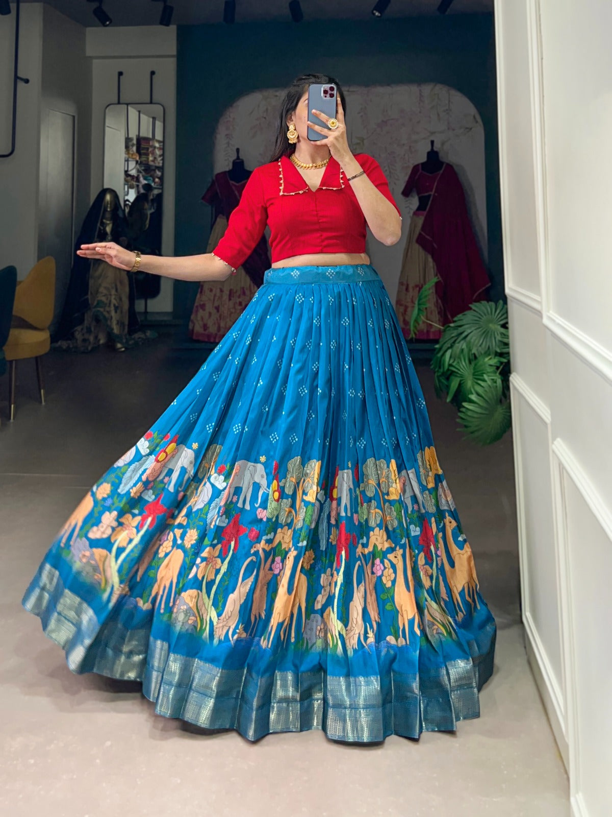 Magnificent Kalamkari Printed Zari Weaving Border Dola Silk Lehenga Choli