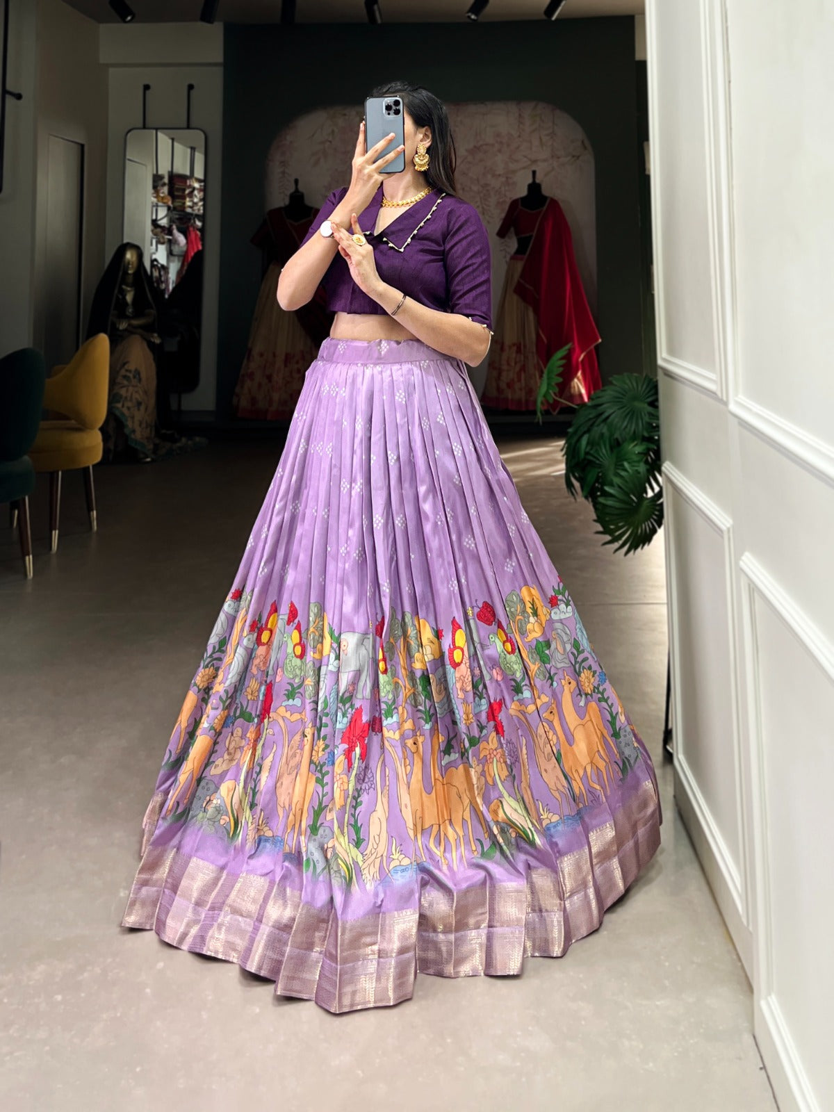 Magnificent Kalamkari Printed Zari Weaving Border Dola Silk Lehenga Choli