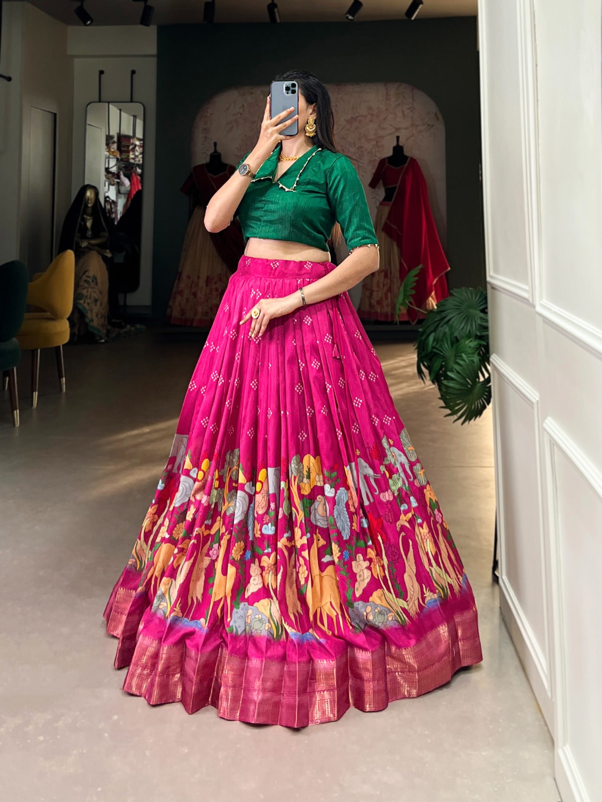 Magnificent Kalamkari Printed Zari Weaving Border Dola Silk Lehenga Choli