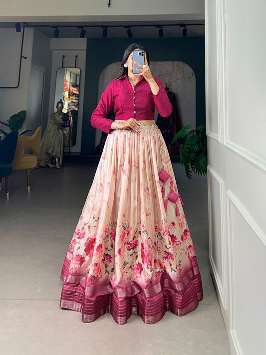 Magnificent Rani Pink Dola Silk Floral Printed Lehenga Choli Set - INDIAN ELEGANCE