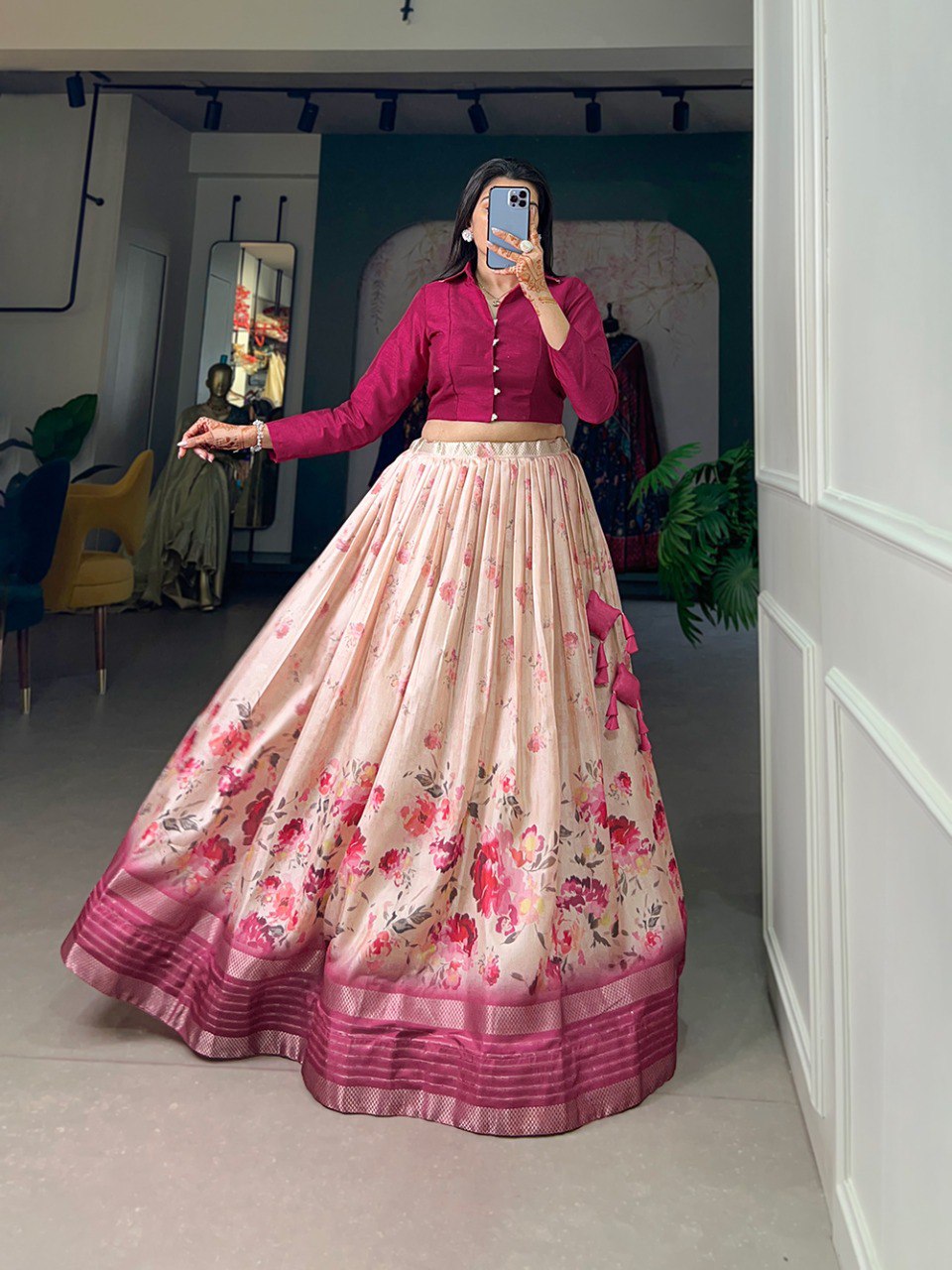 Magnificent Rani Pink Dola Silk Floral Printed Lehenga Choli Set - INDIAN ELEGANCE