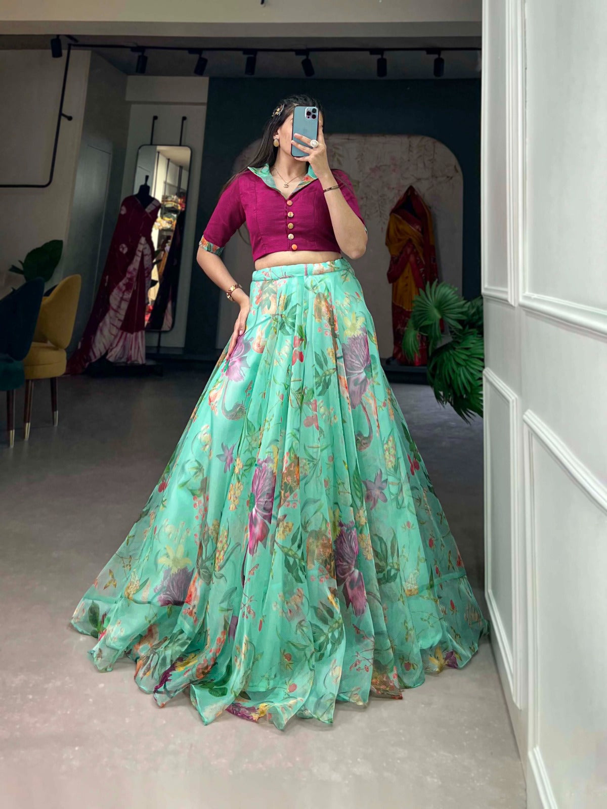 Stunning Organza Floral Digital Printed Lehenga With Blouse - INDIAN ELEGANCE