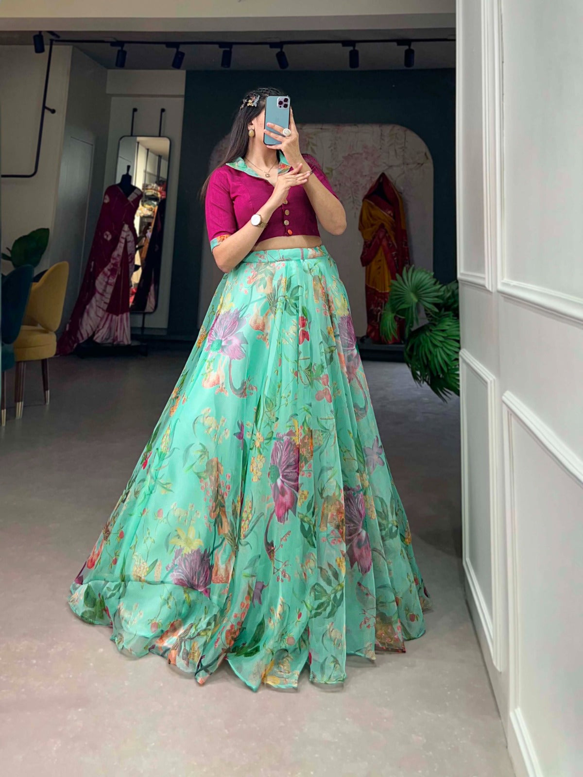Stunning Organza Floral Digital Printed Lehenga With Blouse - INDIAN ELEGANCE